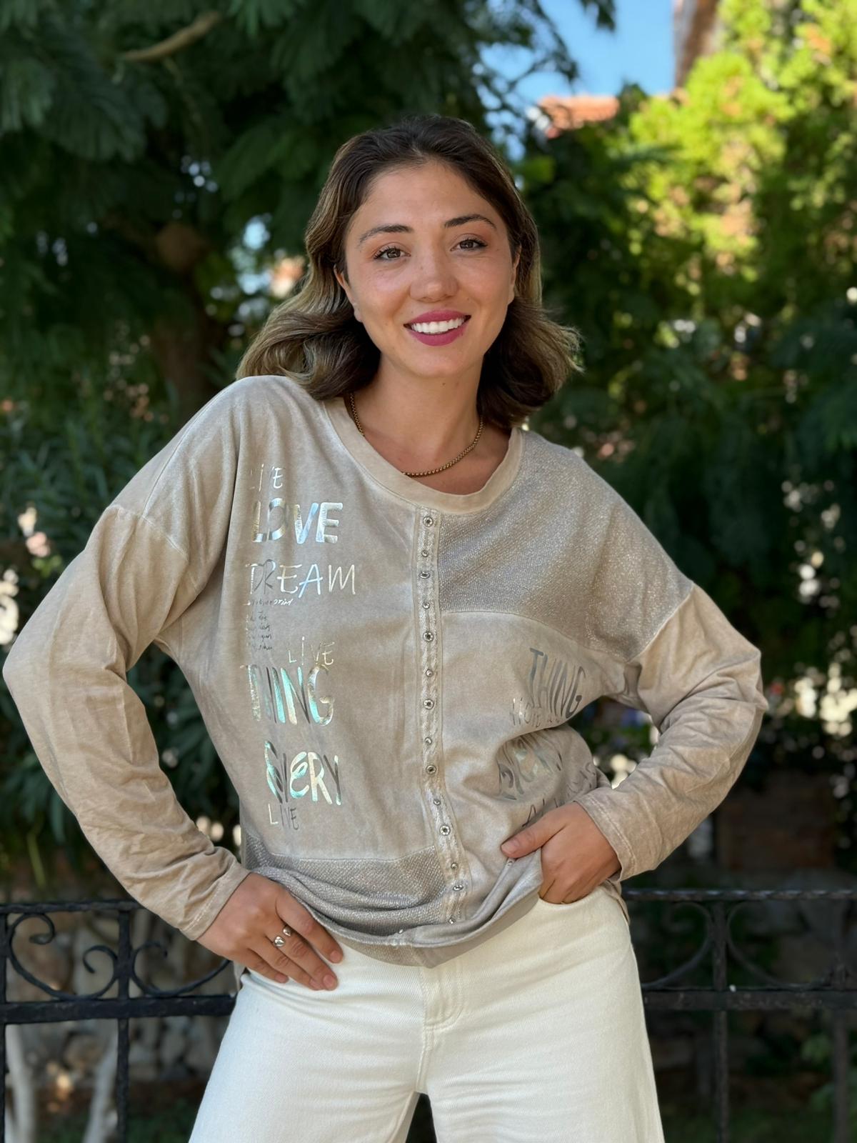 NC53761 İtalyan Yazılı Ve Taşlı Coton Sweatshirt Krem