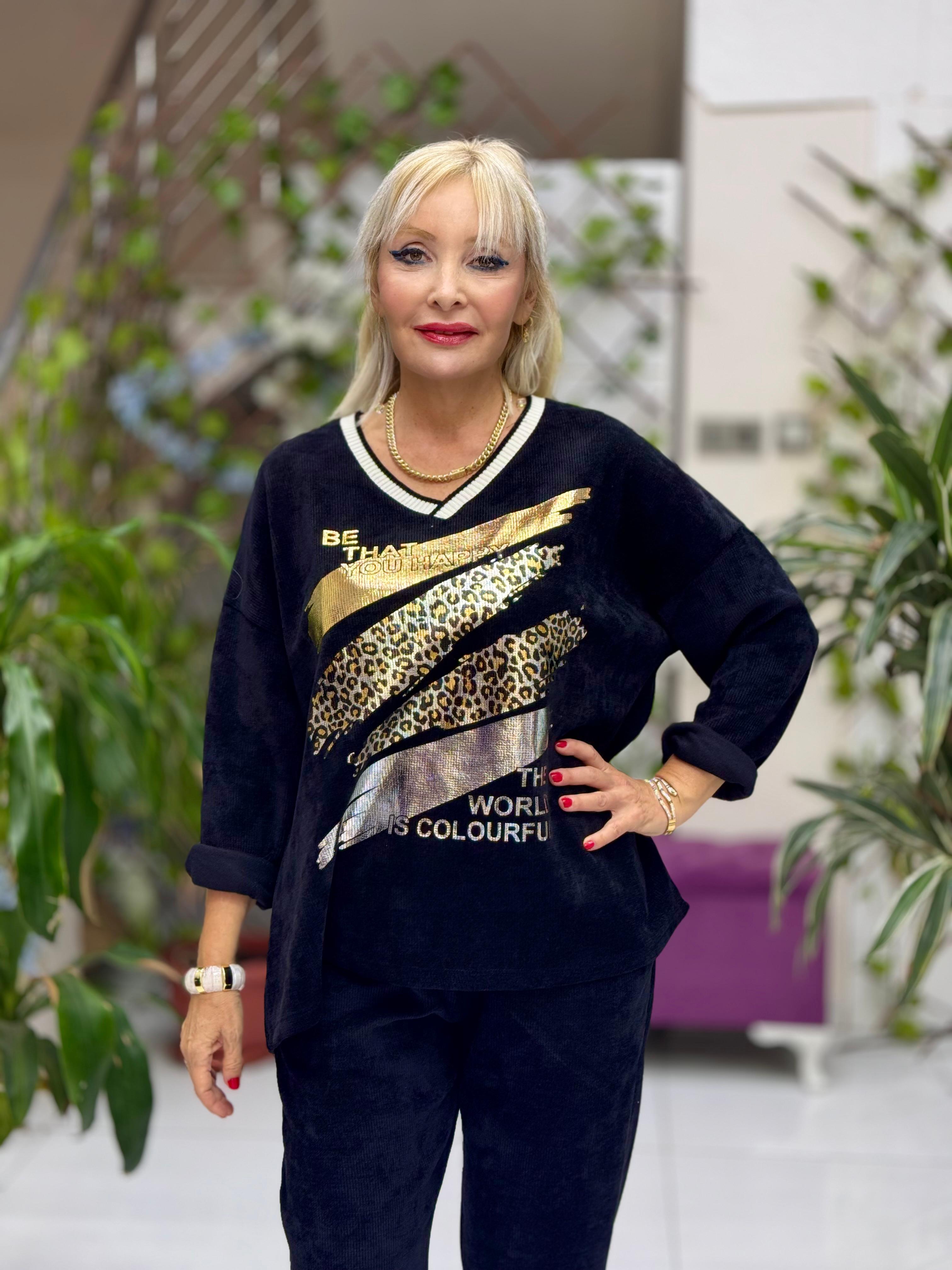 NC24155 Leopar Baskılı İtalyan Kadife Takım Siyah