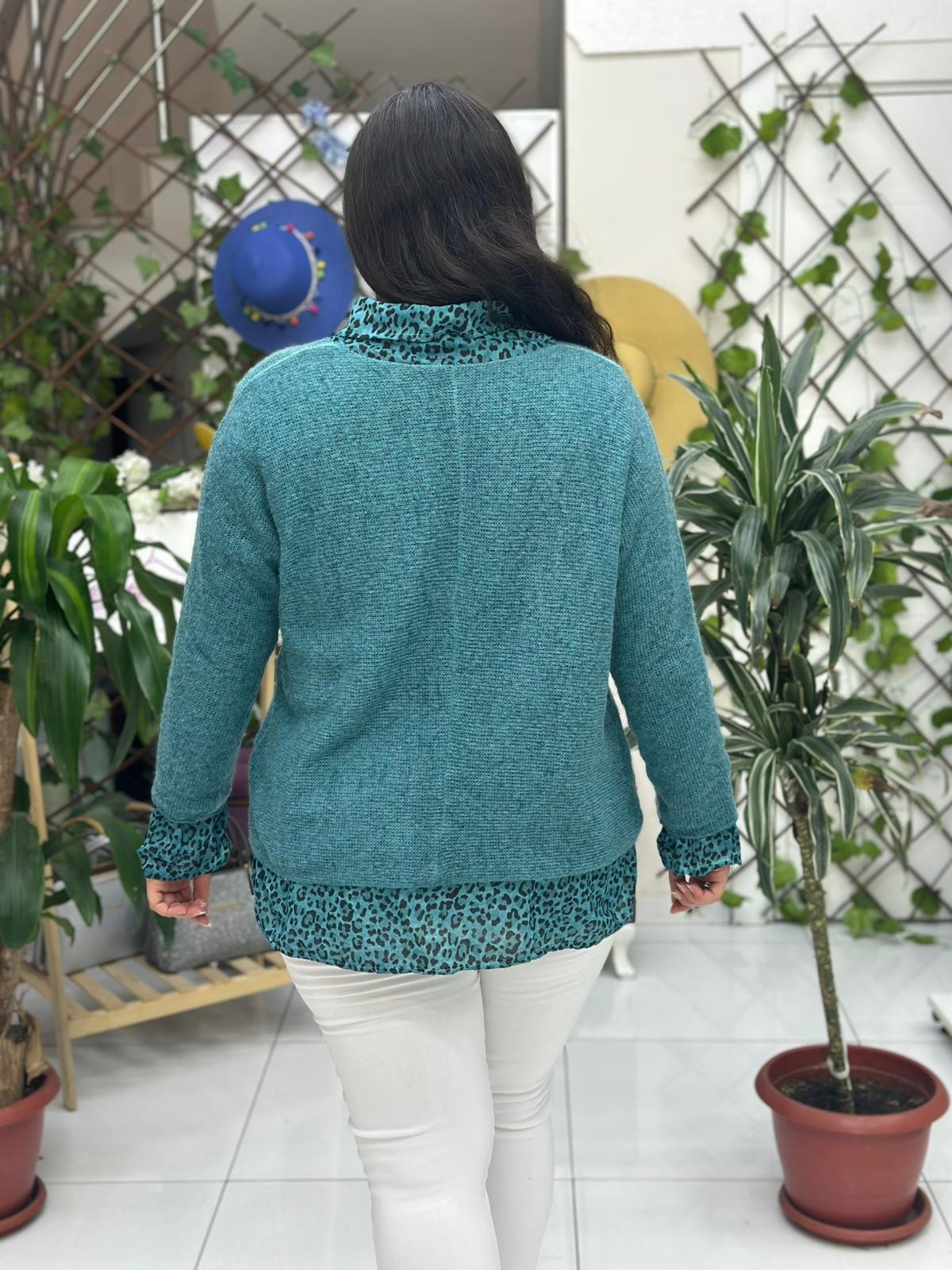 NC516020 İtalyan Leopar Desen Fularlı Erkek Yaka Kazak Turkuaz