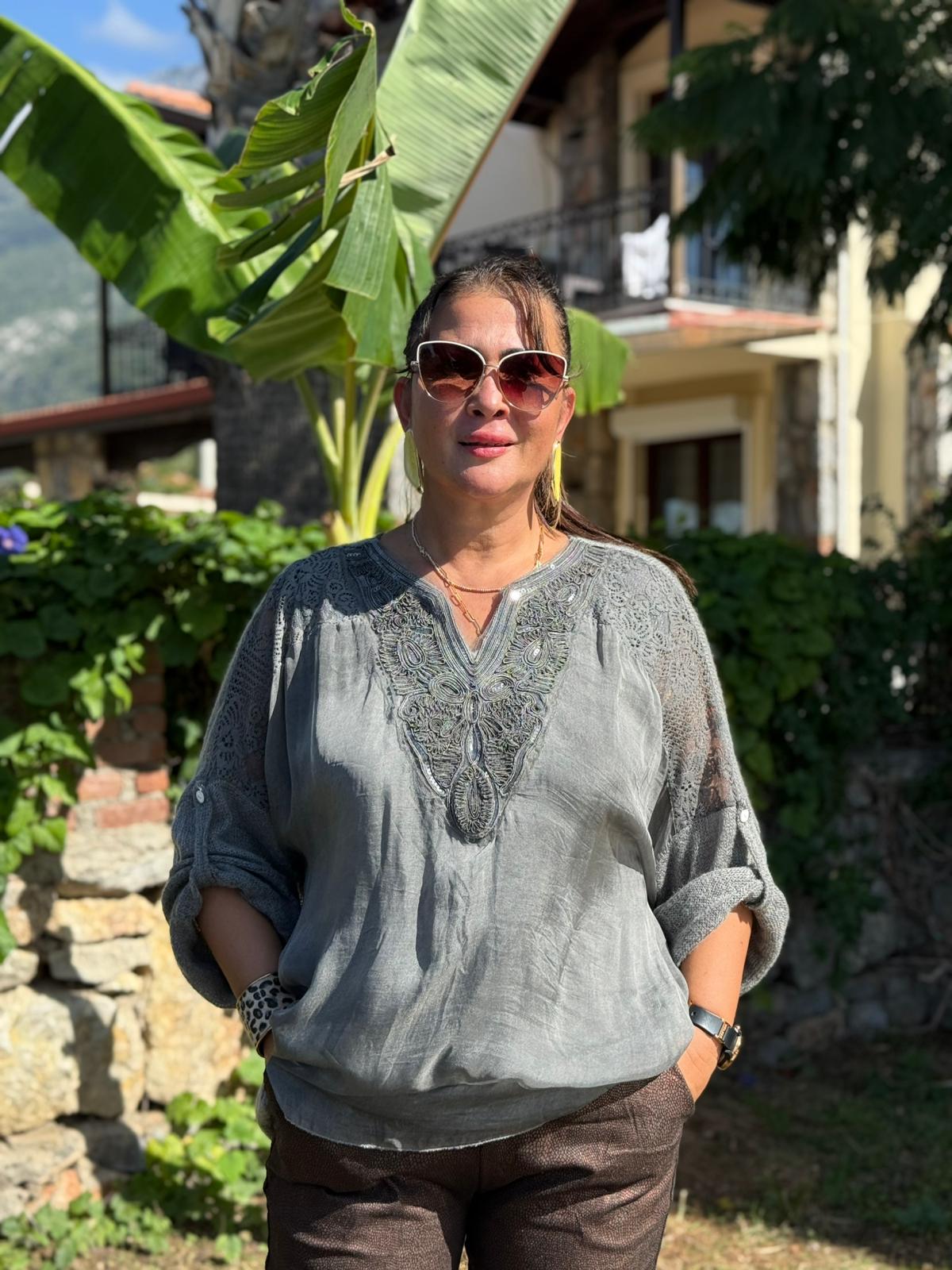 NC1868 Pul Payetli Omuz Dantelli İpek Triko İtalyan Bluz Füme