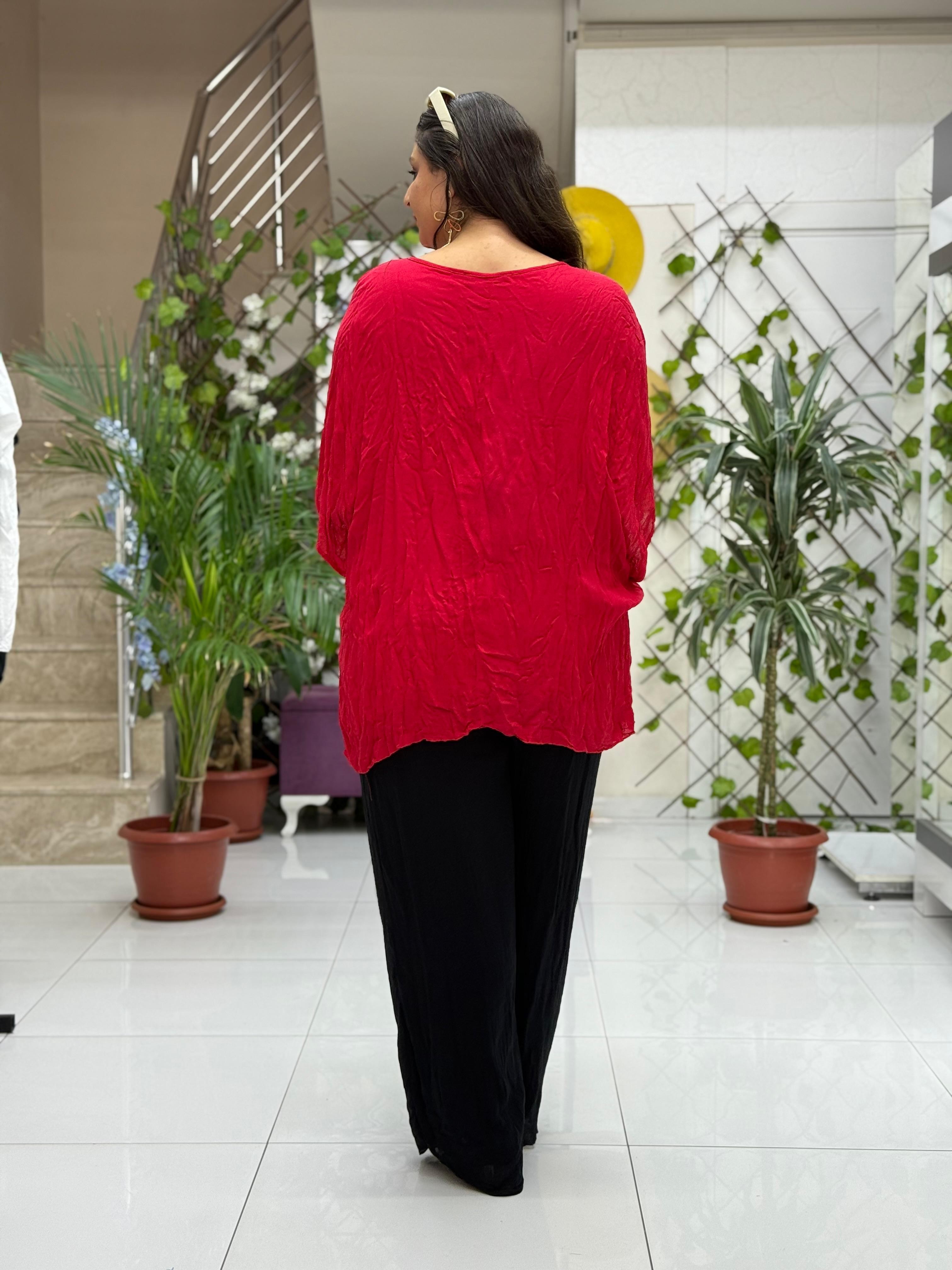 VL3009 Yarasa Kol Baskılı Vual Bluz Kırmızı