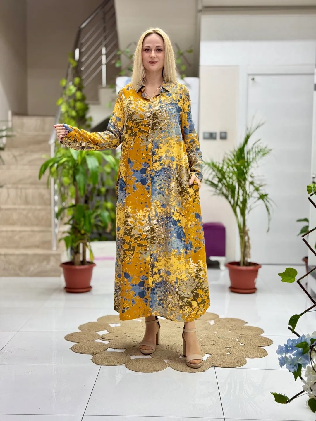 SLN31128 Pamuk Viskon Boydan Düğmeli Uzun Selin Elbise