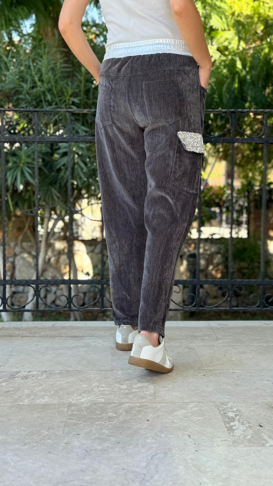 LS13220 İtalyan Cebi Taşlı Kadife Pantolon Füme