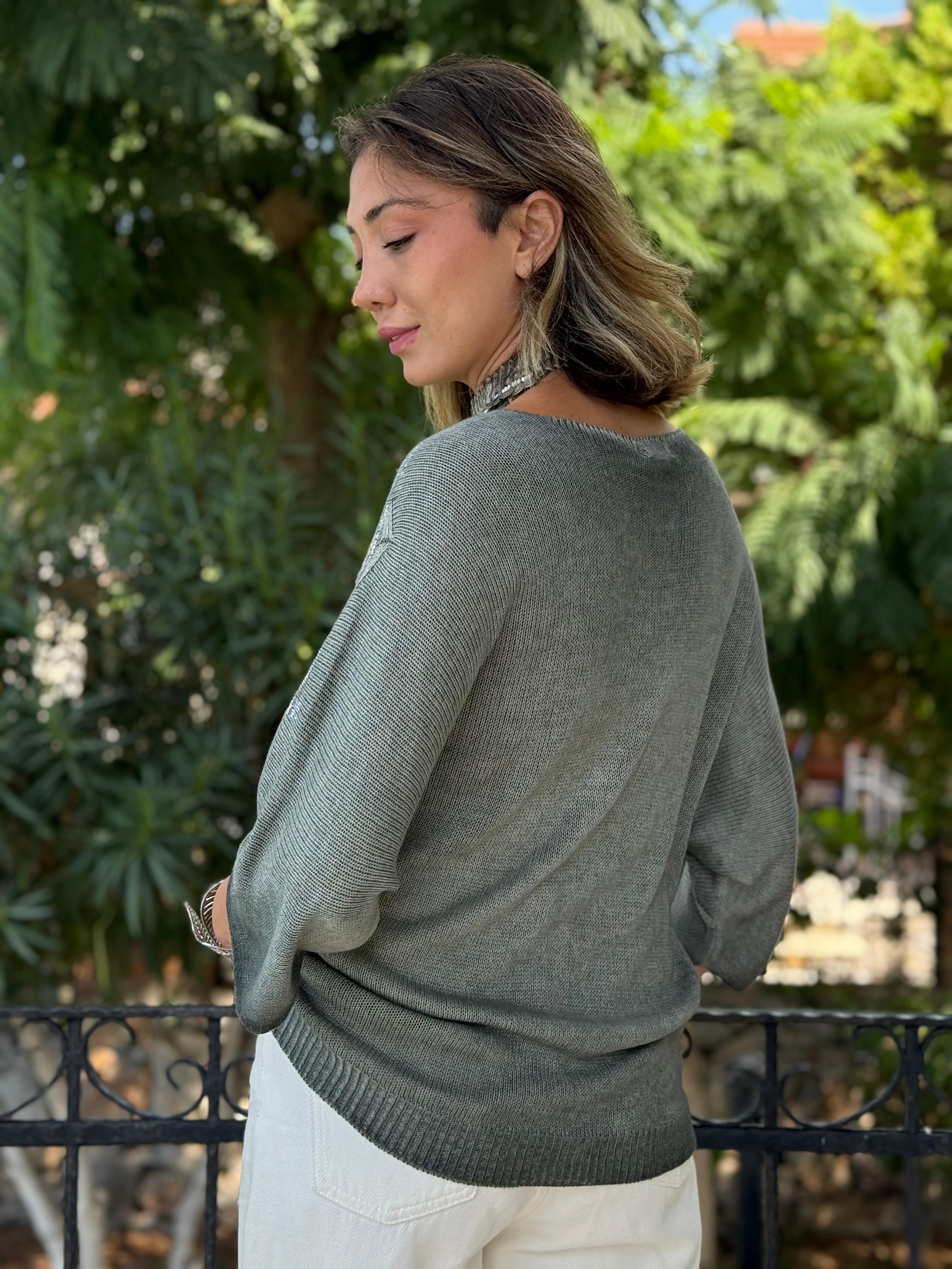 NC6016 İtalyan Fakir Kol Baskılı İnce Triko Bluz Haki