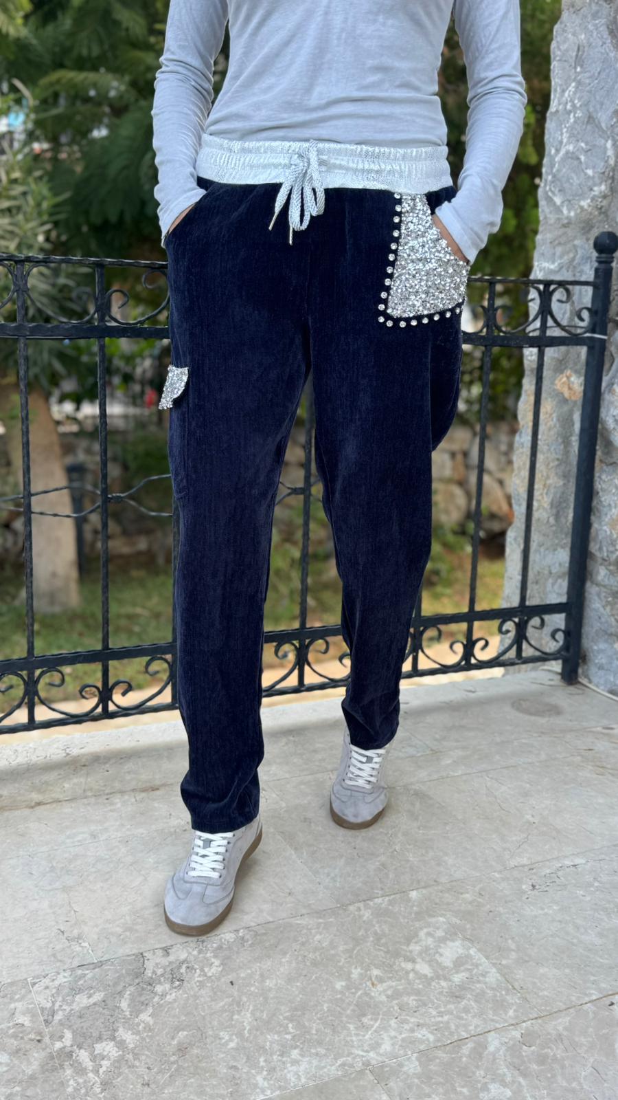 LS13220 İtalyan Cebi Taşlı Kadife Pantolon Lacivert