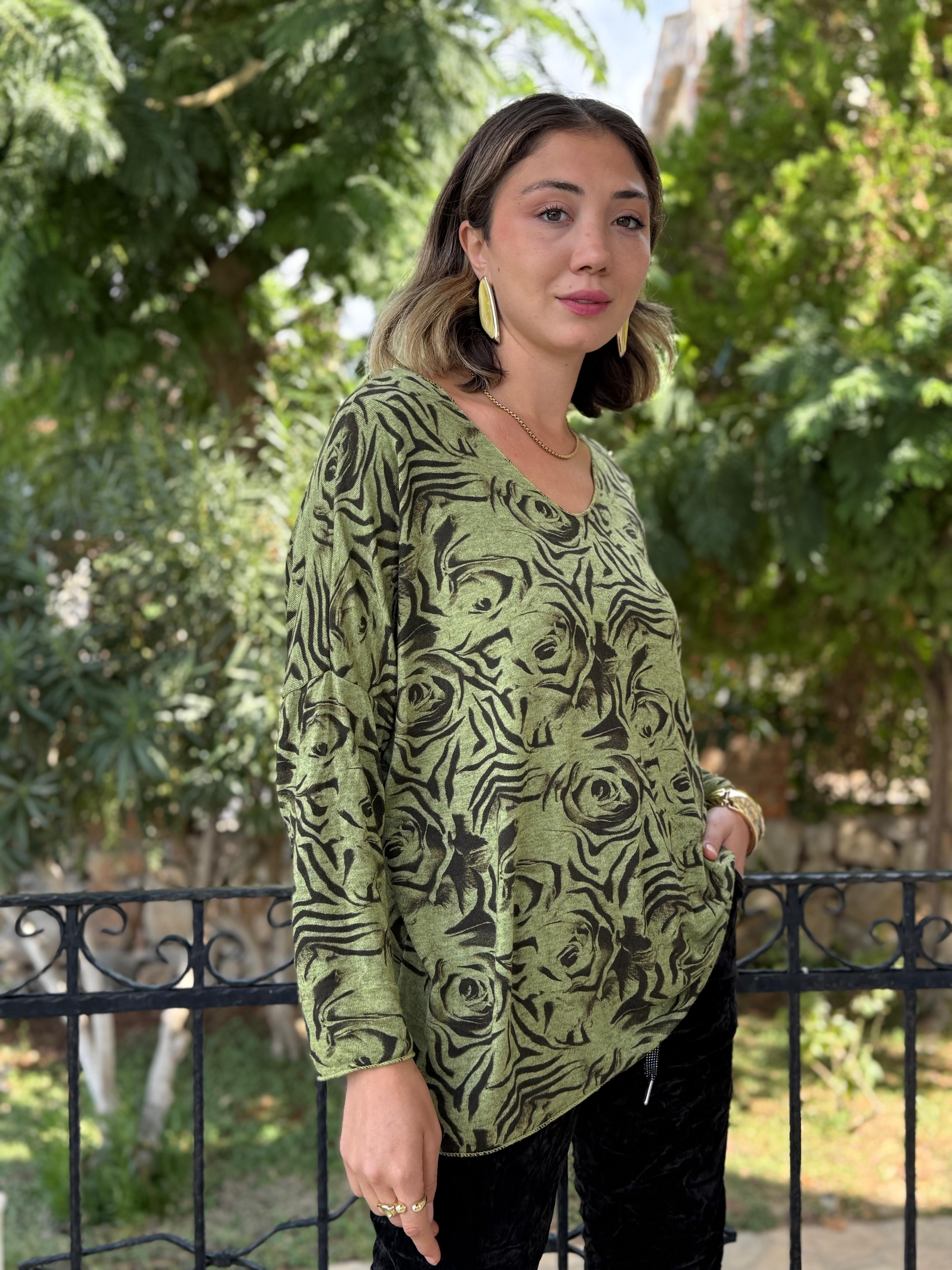 NC1128A İtalyan V Yaka Gül Desenli Triko Bluz Yeşil