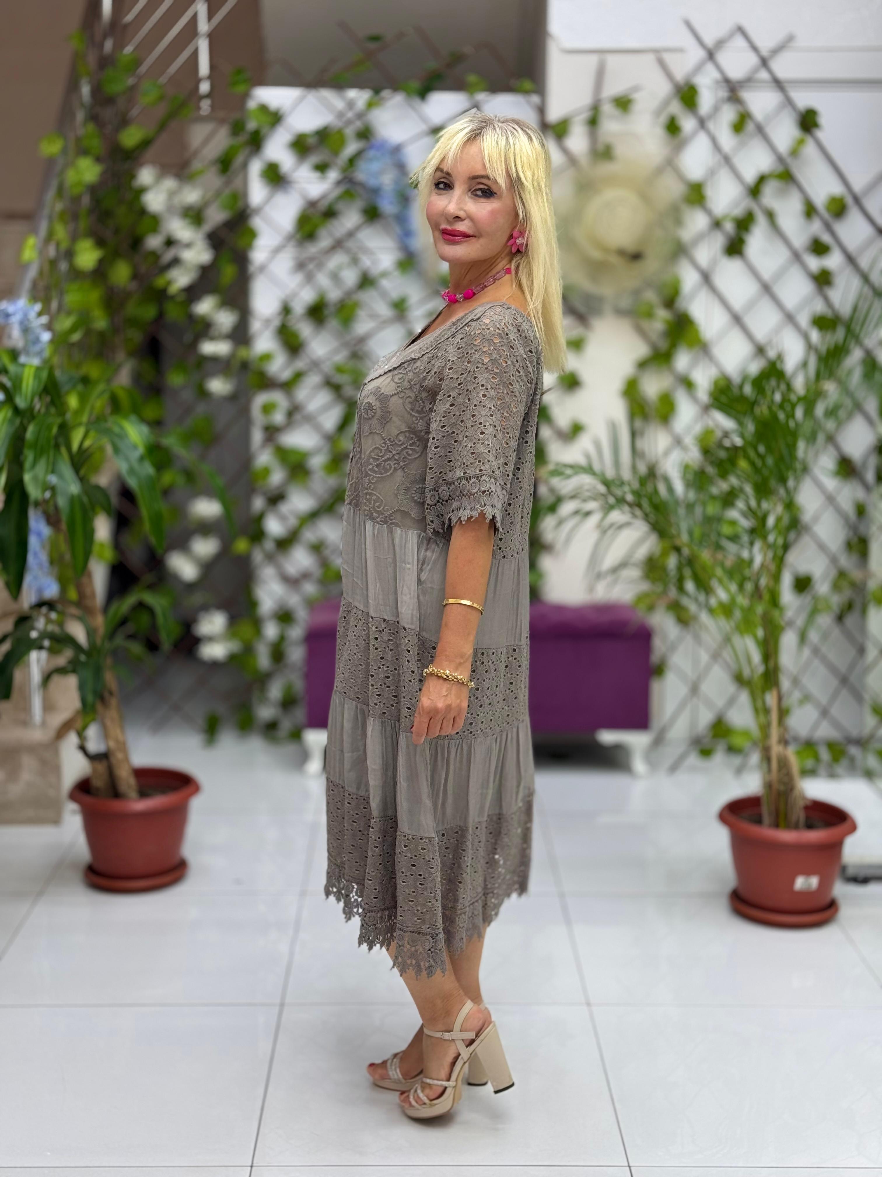 NC10938 İtalyan Pul Payetli Yarım Kol Midi İpek Elbise Vizon