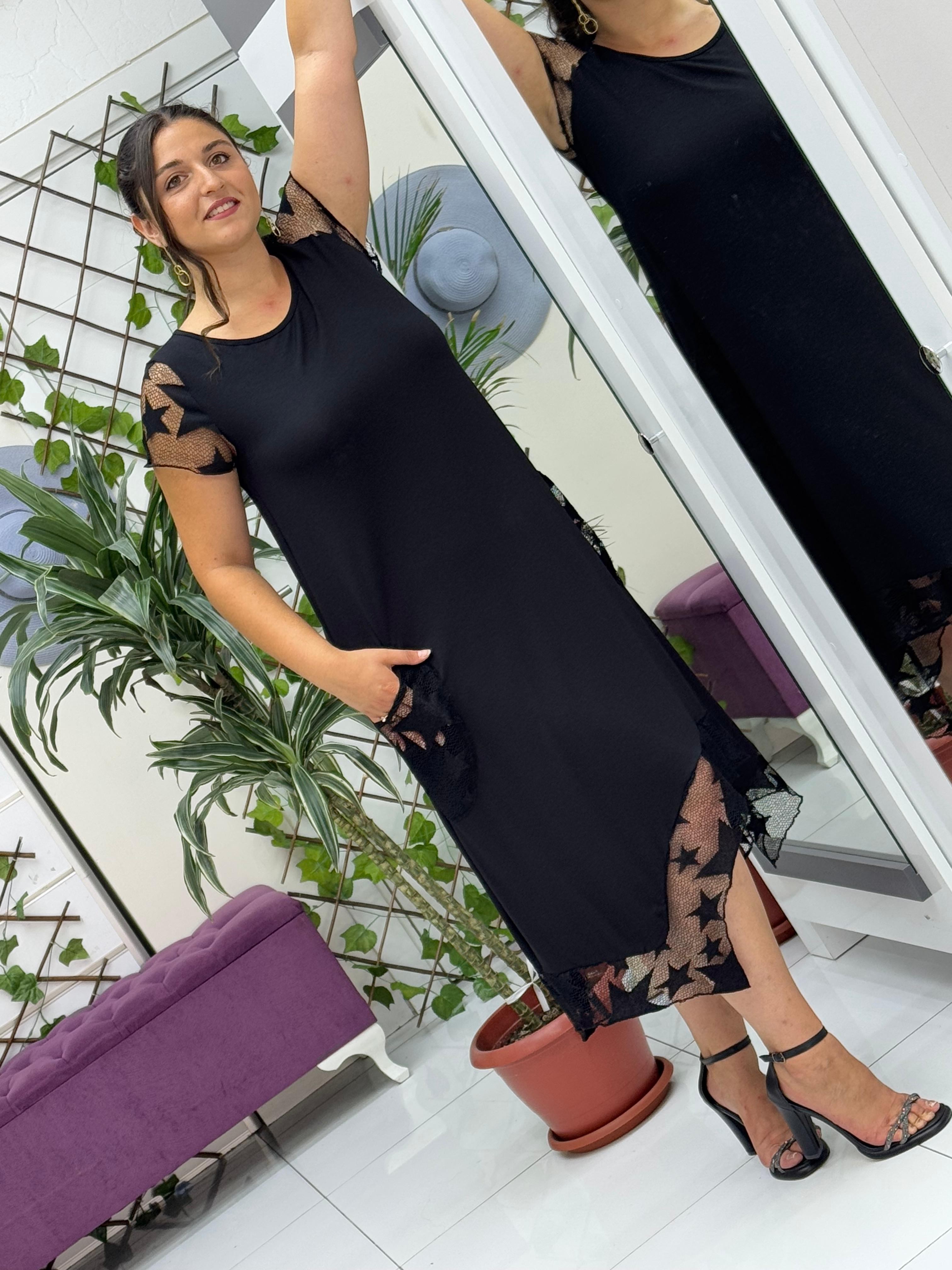 TS1001 Dantelli Yarım Kol Turlu Viskon Elbise Siyah