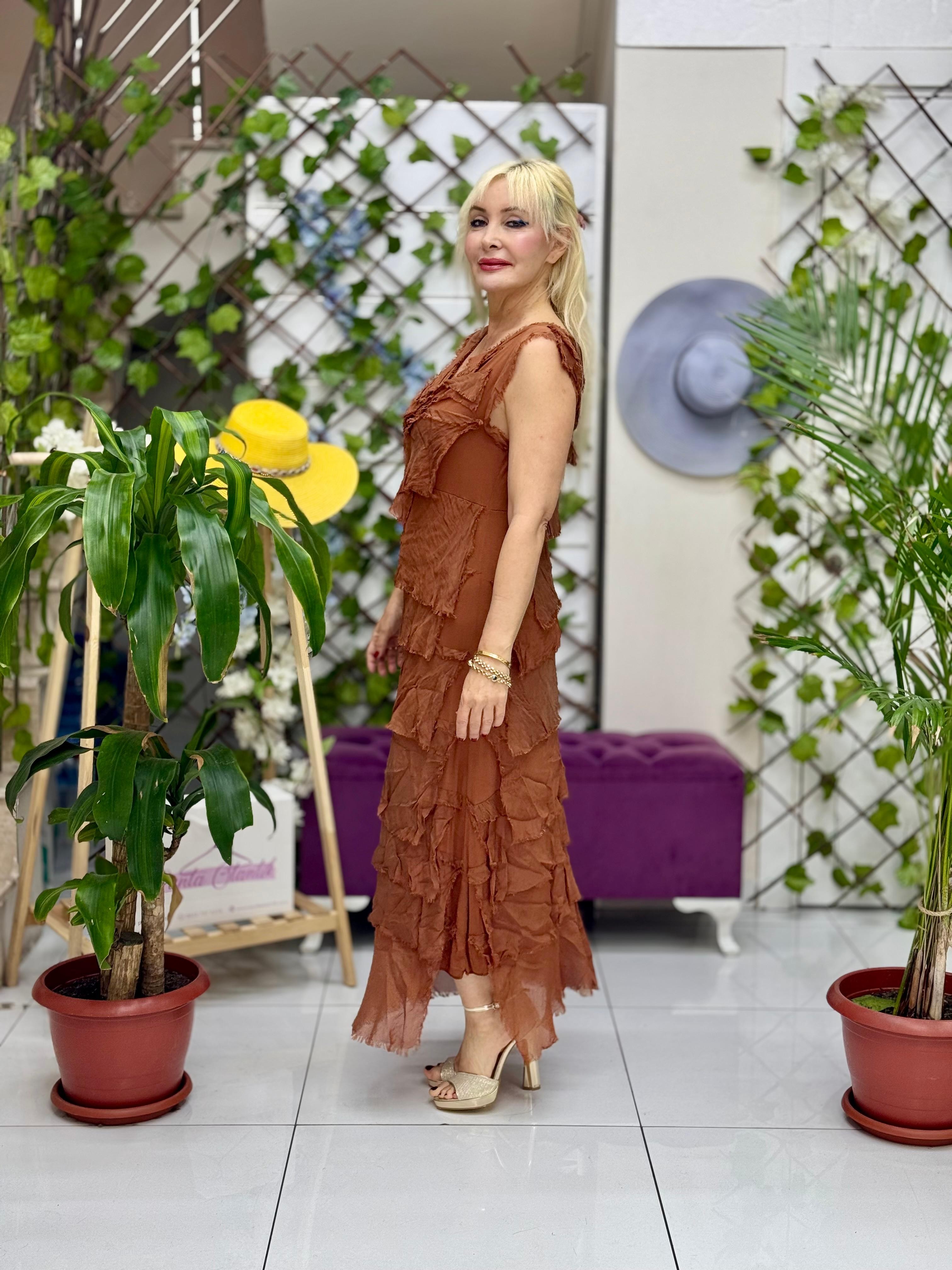 YG6402 İtalyan Askılı Katlı Fırfırlı İpek Elbise Kiremit