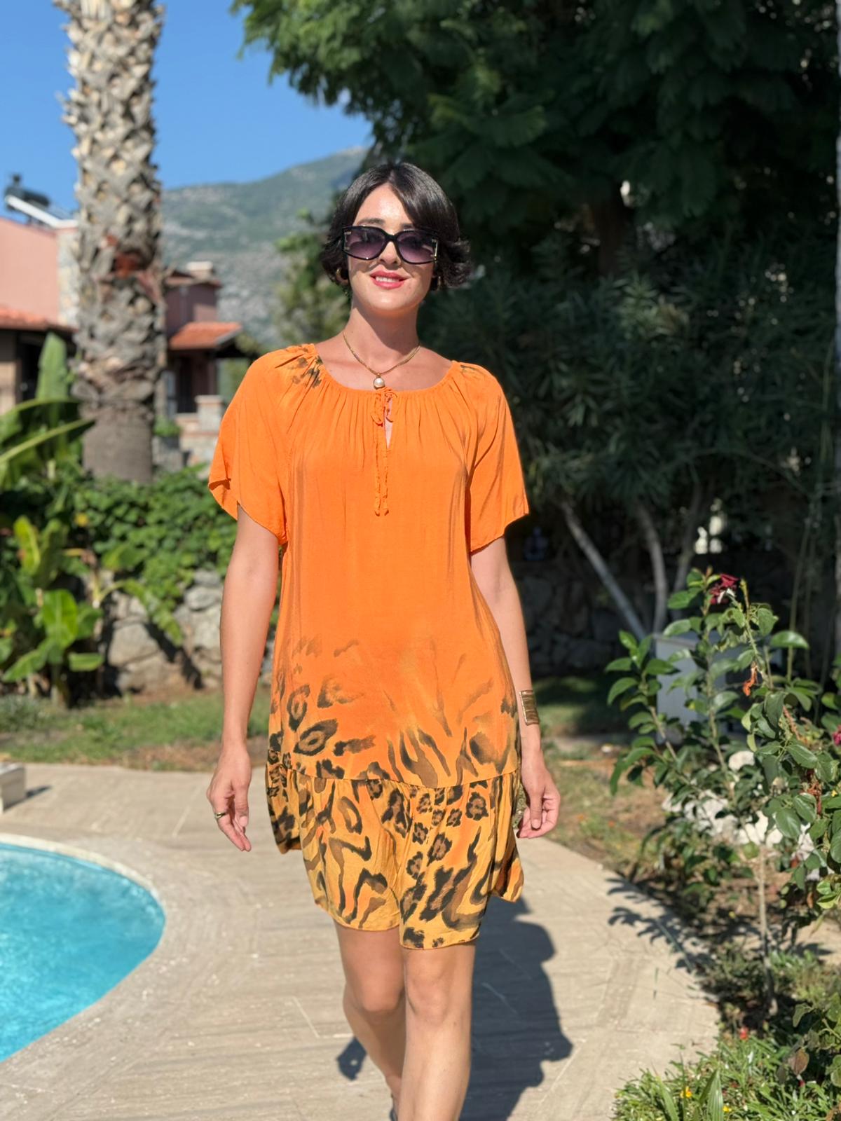 NC10526 İtalyan Yaka Lastikli Leoparlı Coton Elbise Oranj