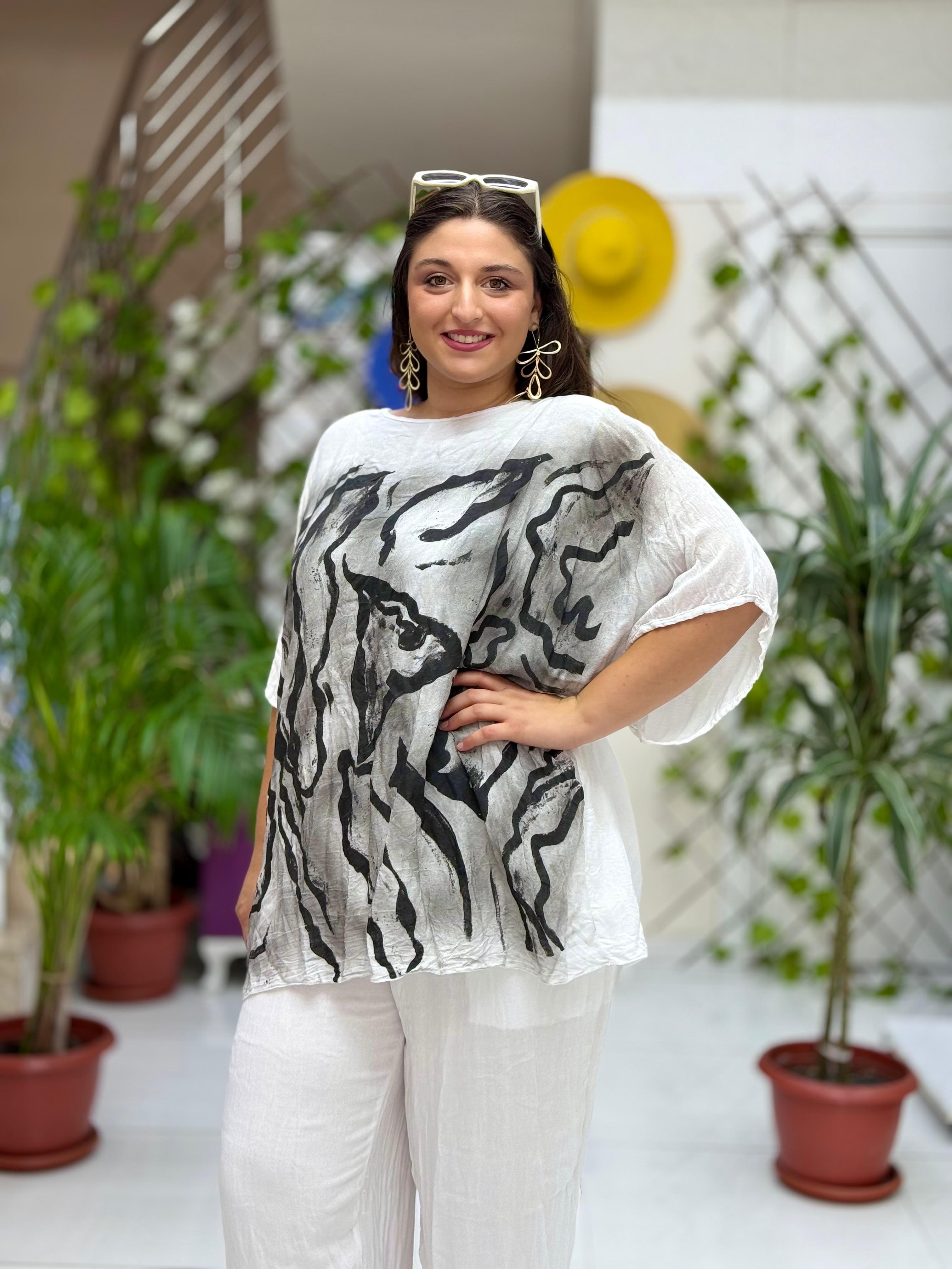 VL3159 %100 Vual Pamuk Bluz Pantolon Takım Beyaz