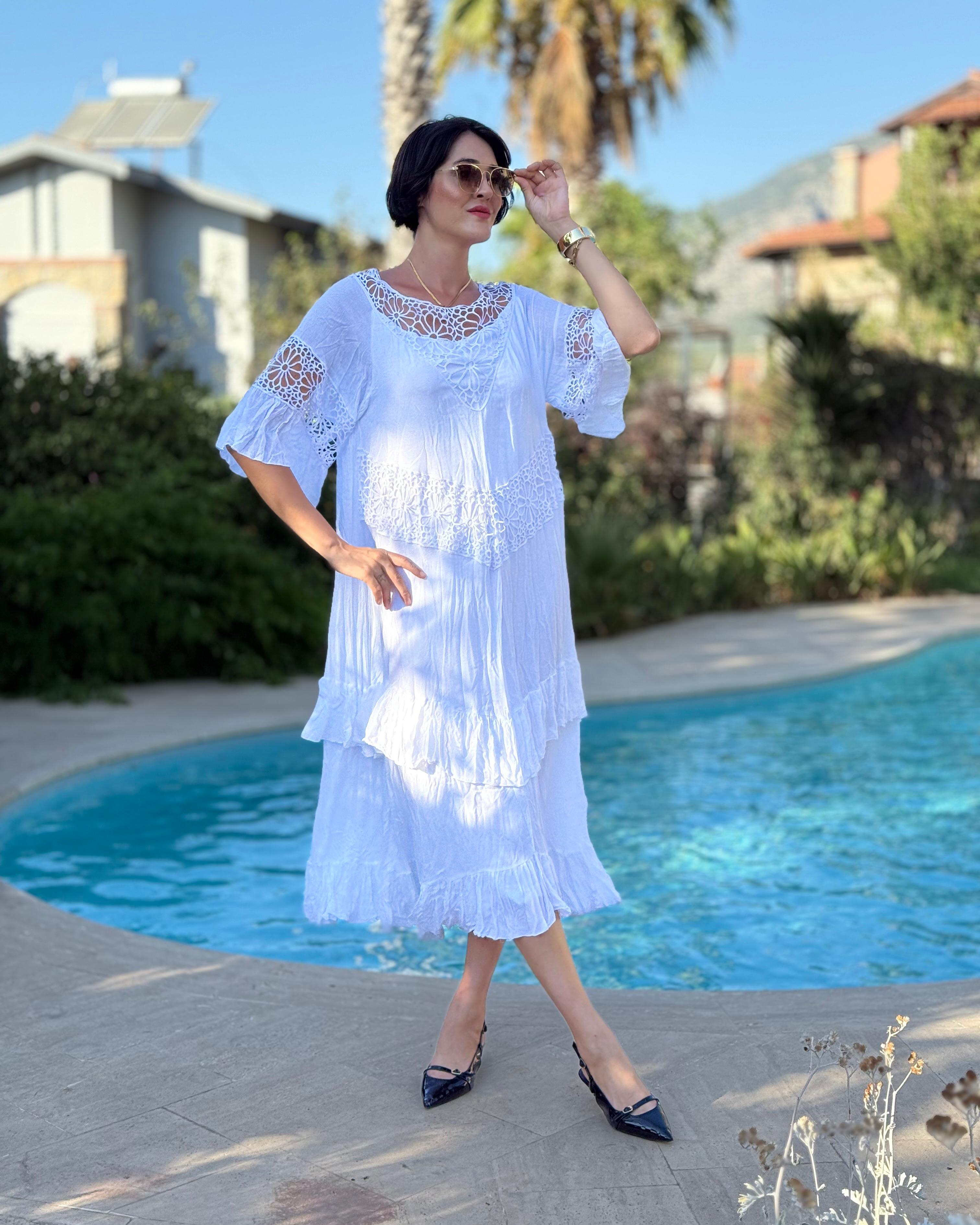 VL12008 Yaka Detay Vual Elbise Beyaz