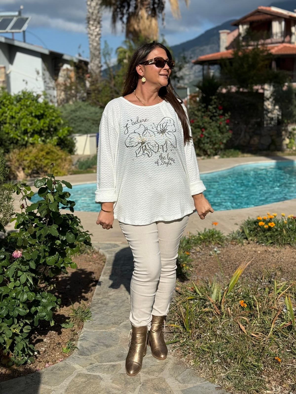 YG31256 İtalyan Kendinden Desenli Çiçek Baskılı Triko Bluz Beyaz