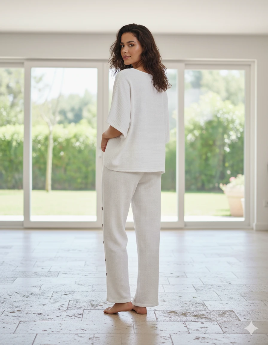 AY23766 Önü Büzgülü Pantolonu Yırtmaçlı Müslin Takım Beyaz