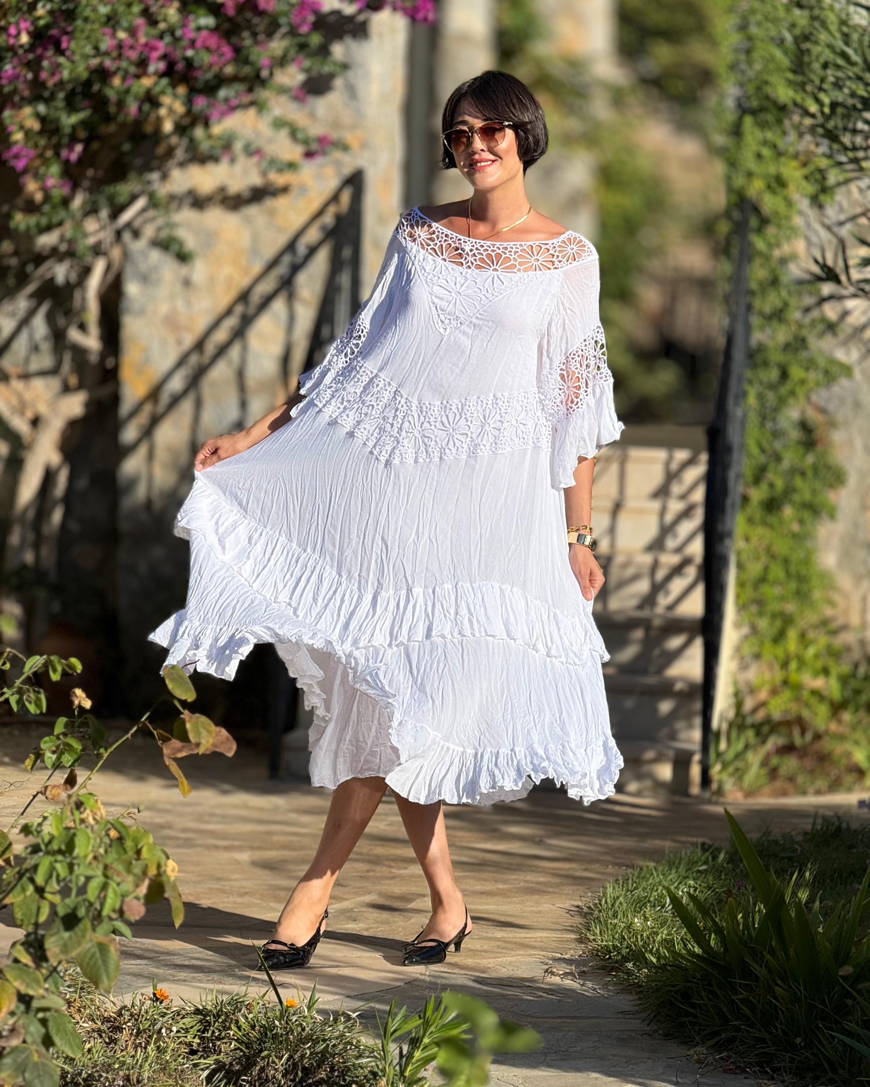 VL12008 Yaka Detay Vual Elbise Beyaz