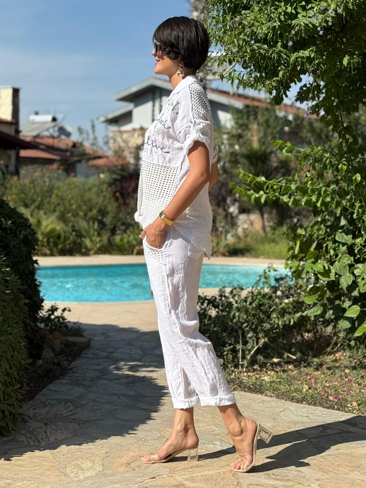 NC55557 İtalyan Ön Arka File Erkek Yaka Keten Takım Beyaz