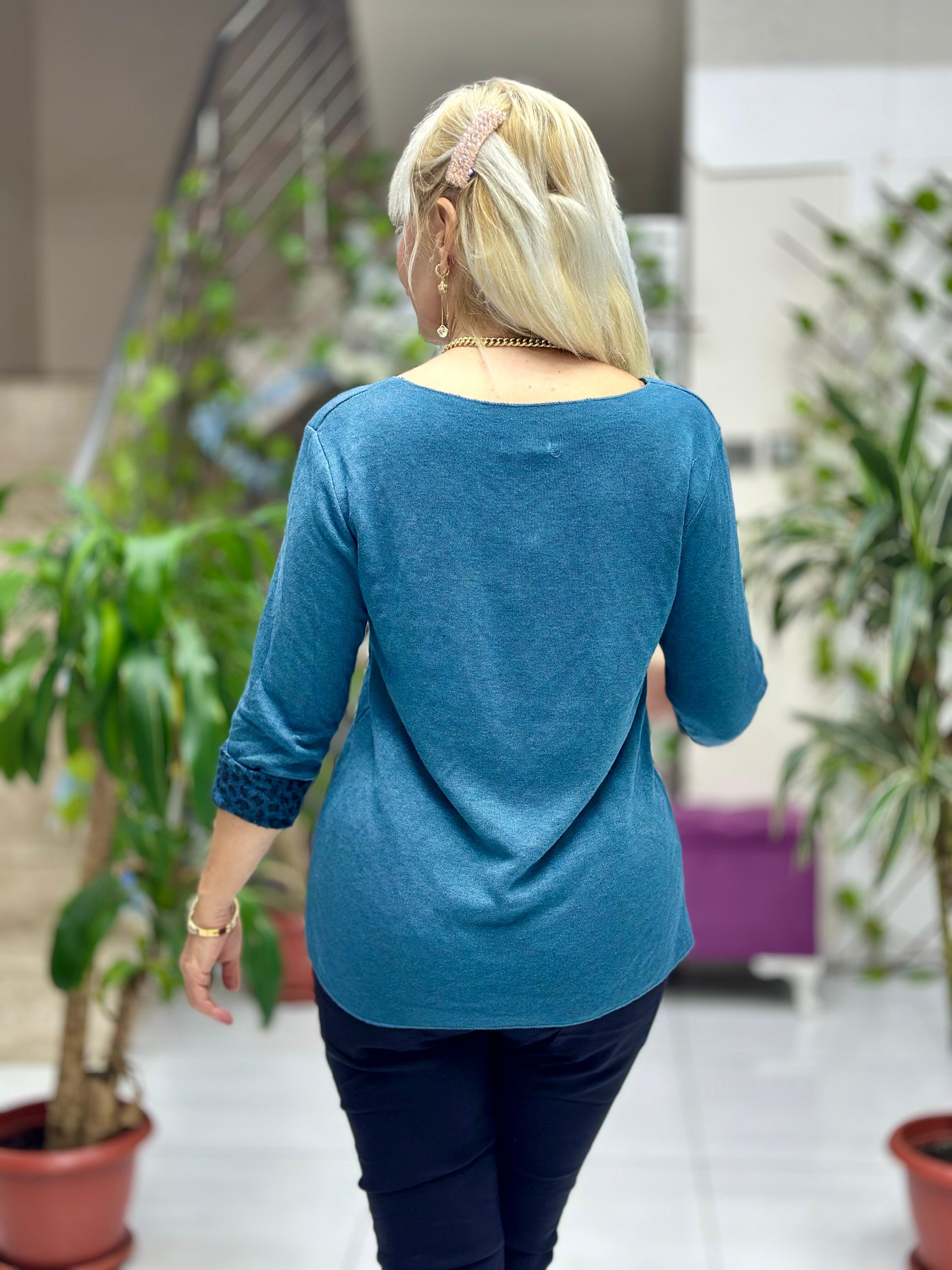 NC218181 İçi Leoparlı Yuvarlak Yaka Triko Büyük Kalıp Bluz Petrol Mavisi