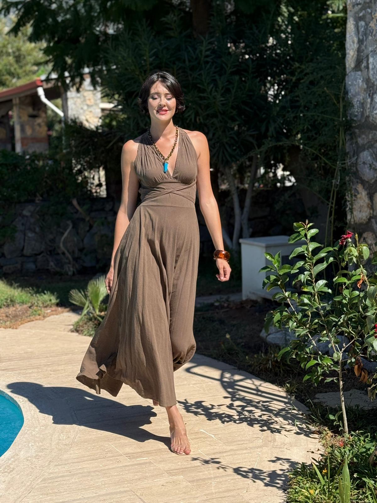 PT25071 Omuz Bağlamalı Belden Kuşaklı Sırtı Açık Coton Elbise Kahverengi