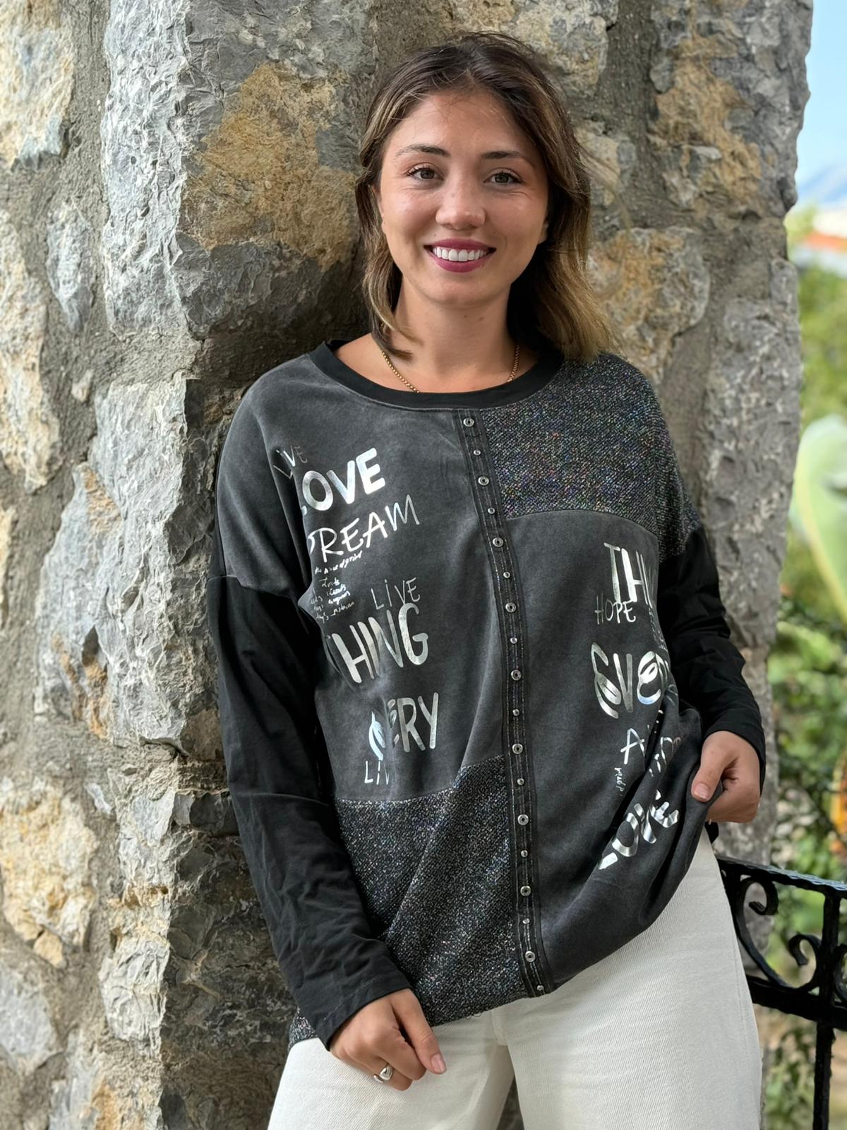 NC53761 İtalyan Yazılı Ve Taşlı Coton Sweatshirt Siyah
