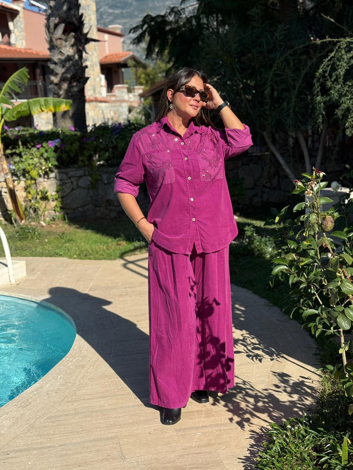 NC25446 İtalyan Kadife Pullu Pantolon Bluz Takım Fuşya