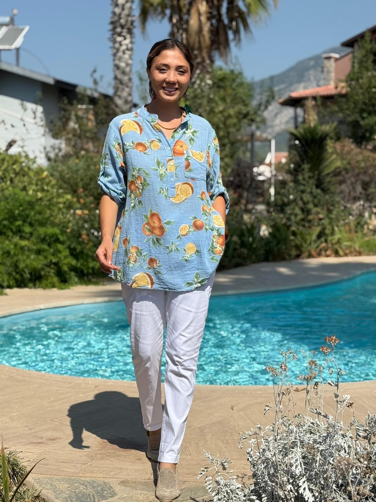 NC154553 İtalyan Pamuk Keten Bluz Mavi