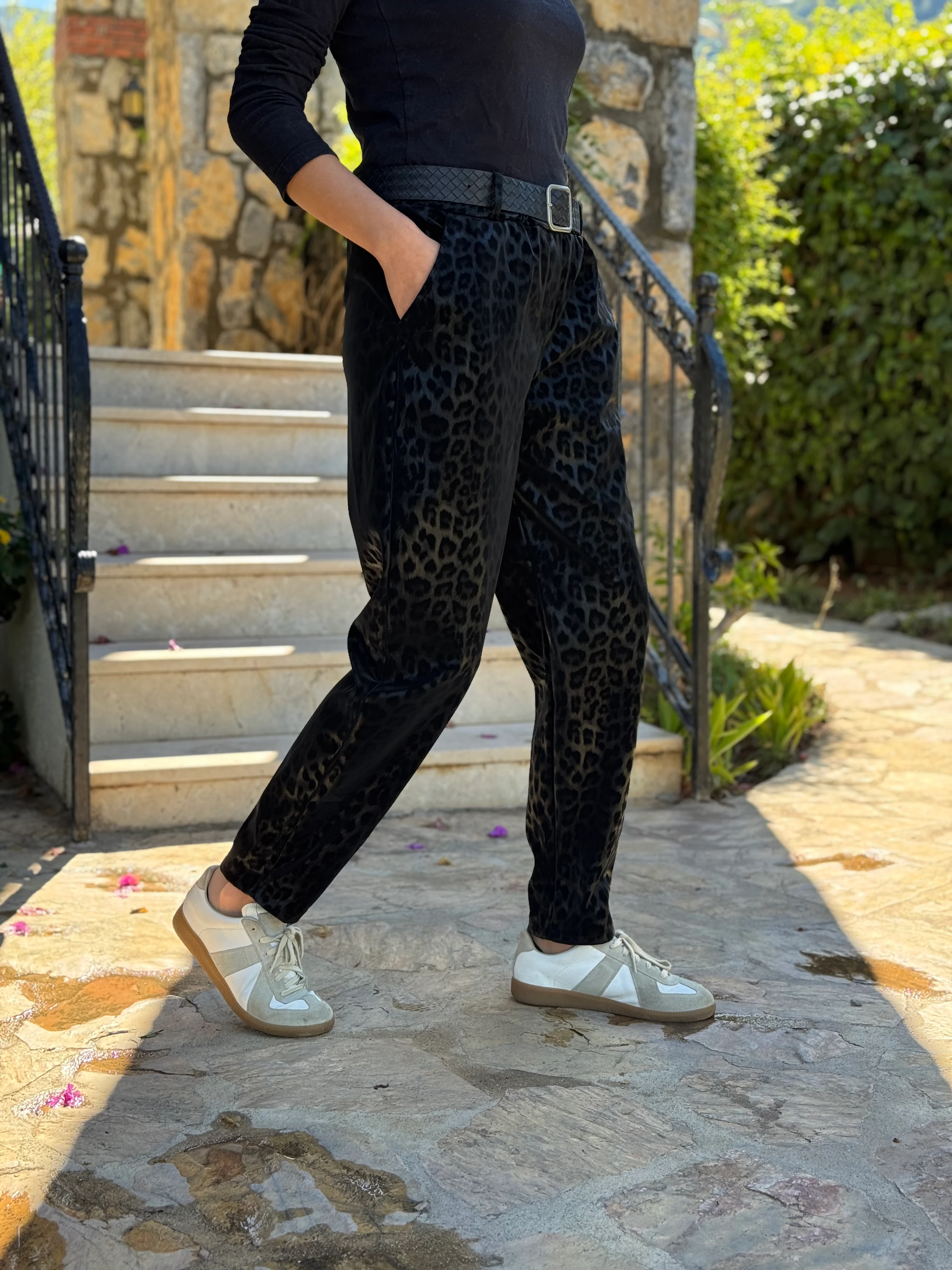 NC242976 italyan Leopar Desen Deri Pantolon Siyah