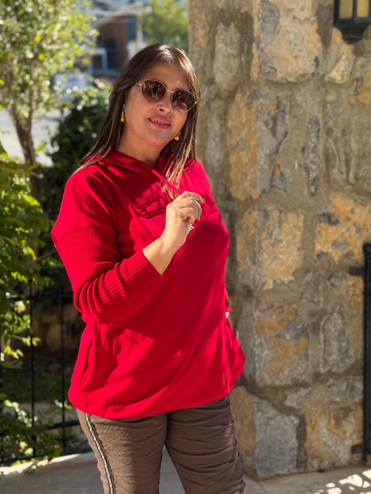 MT3096 Kapüşonlu Cepli Triko Sweatshirt Kırmızı