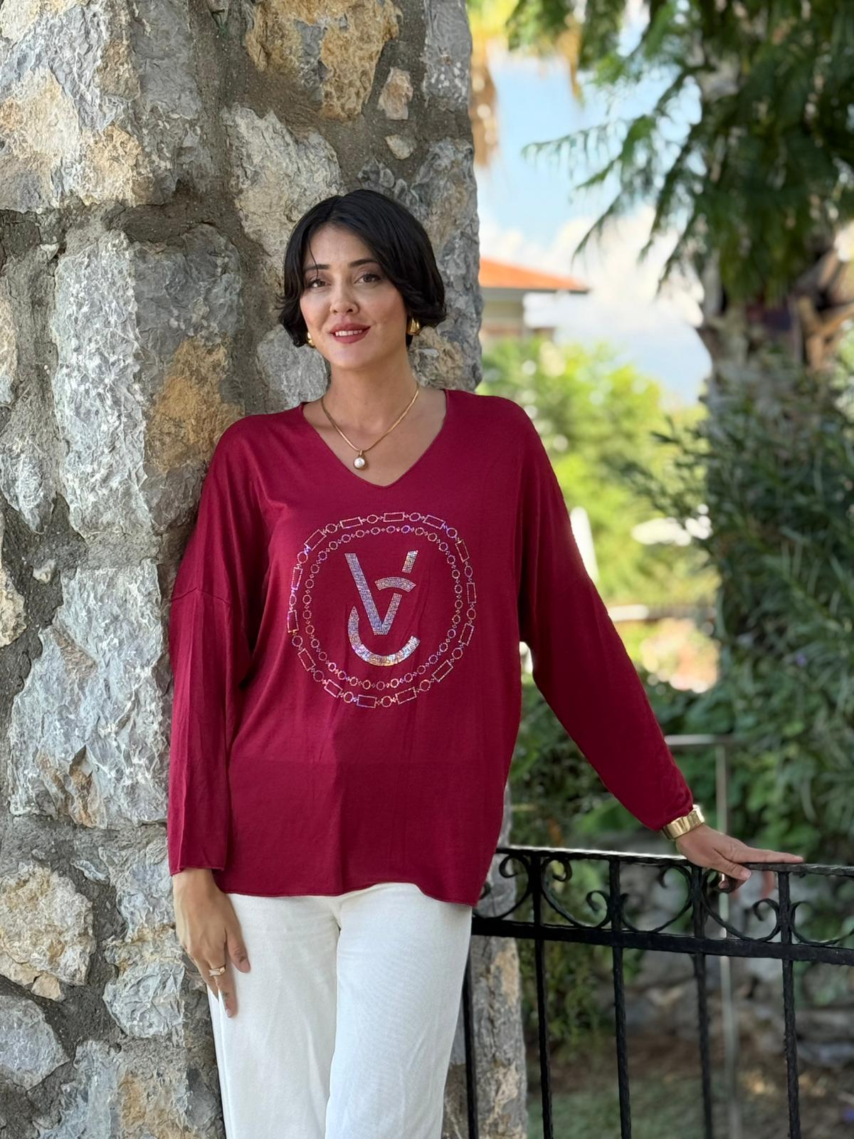 FXLS82681 İtalyan Taş Baskılı Triko Bluz Bordo
