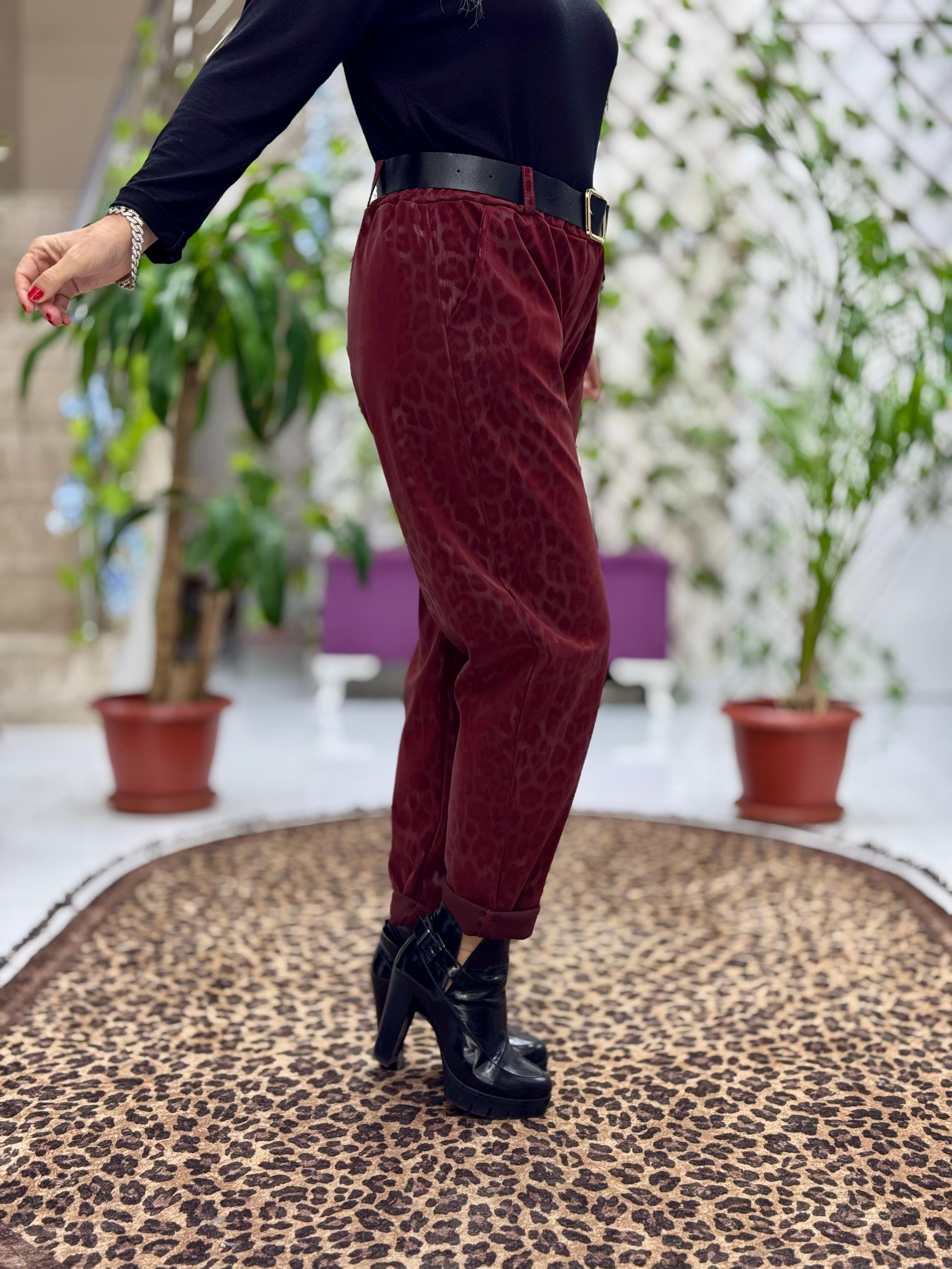 NC242976 italyan Leopar Desen Deri Pantolon Kiremit