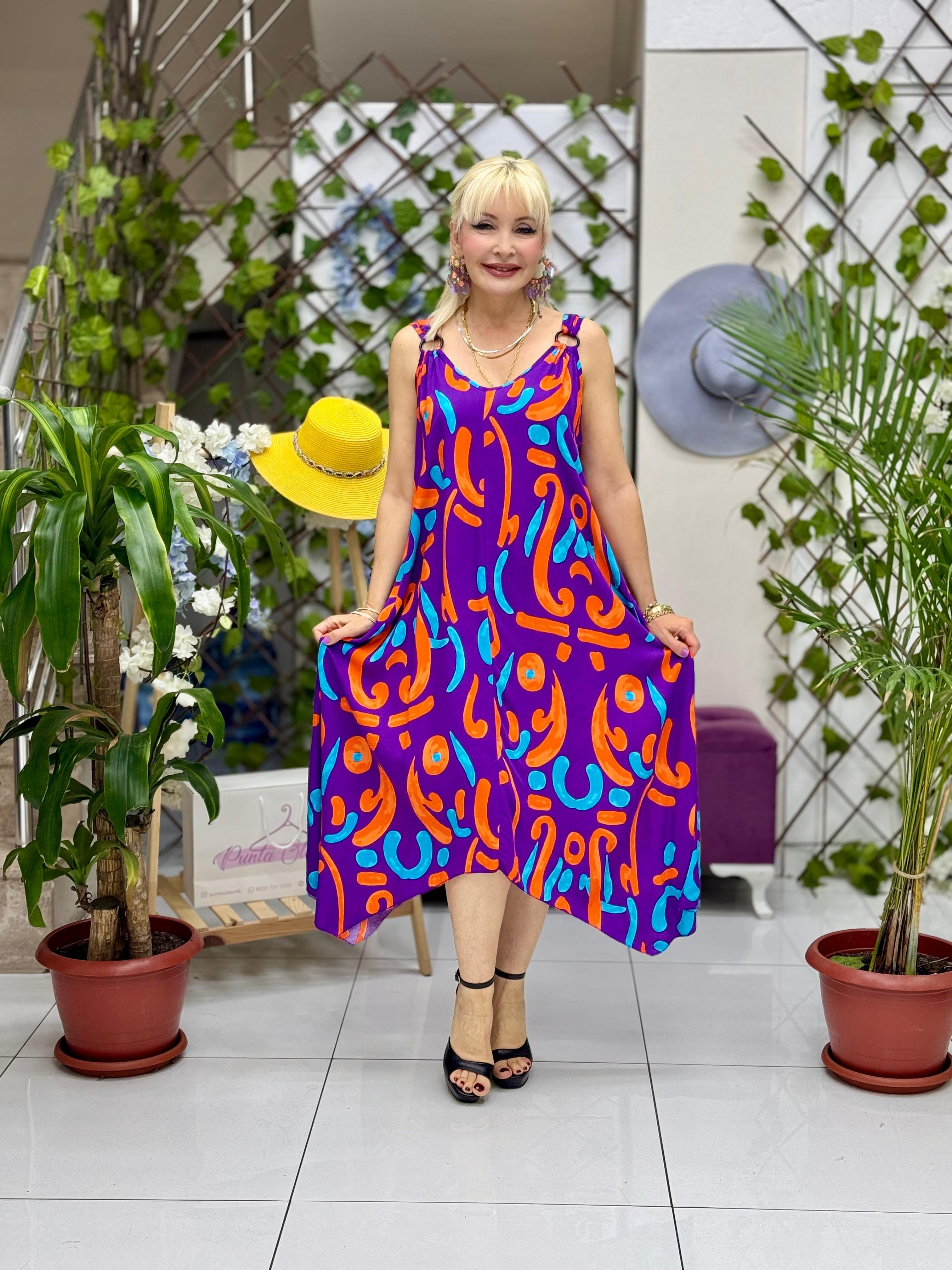 HL14042 Omzu Halkalı Askılı Viskon Hilal Elbise