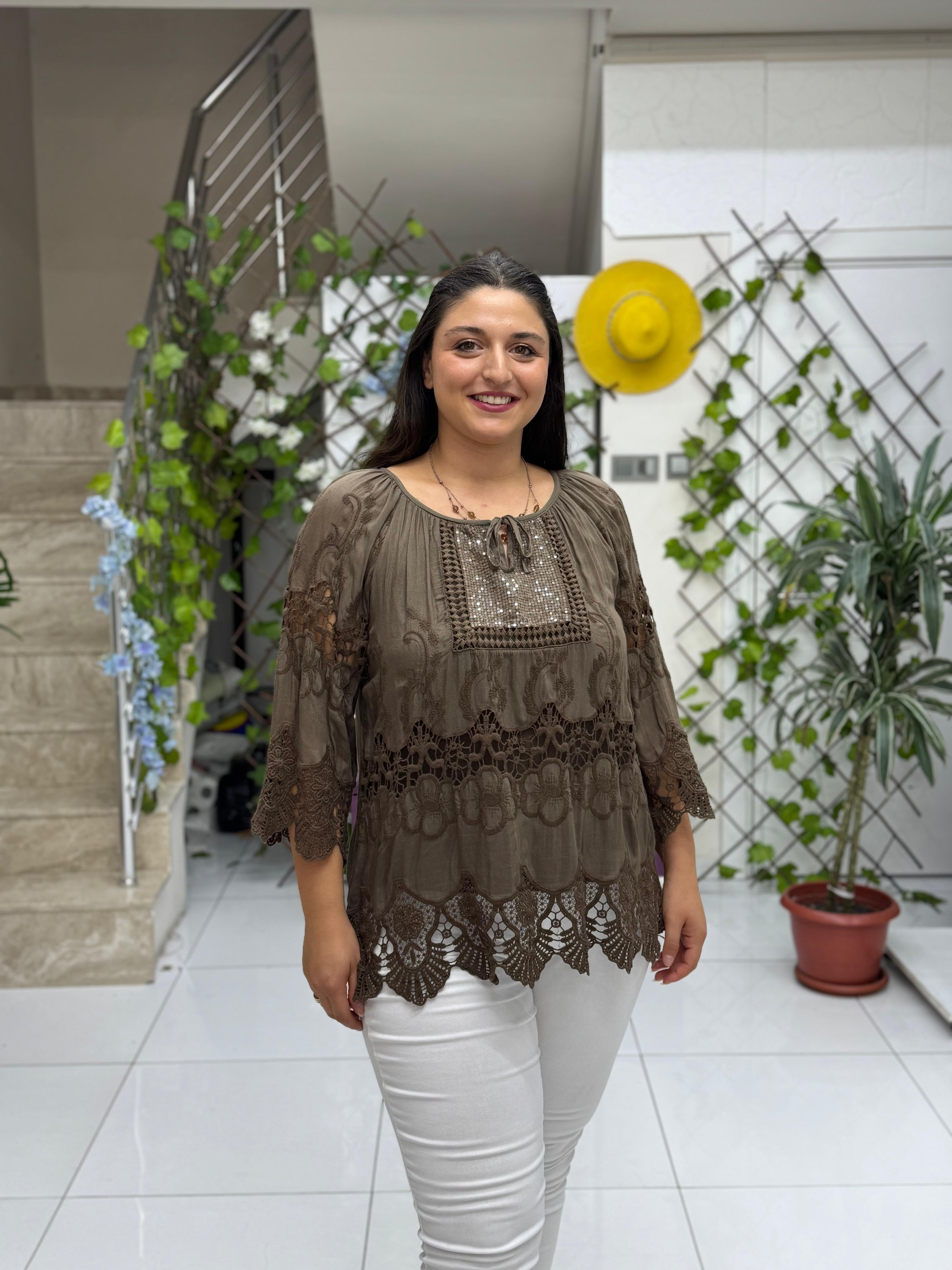 NC20428 İtalyan Klasik İpek Bluz Kahve