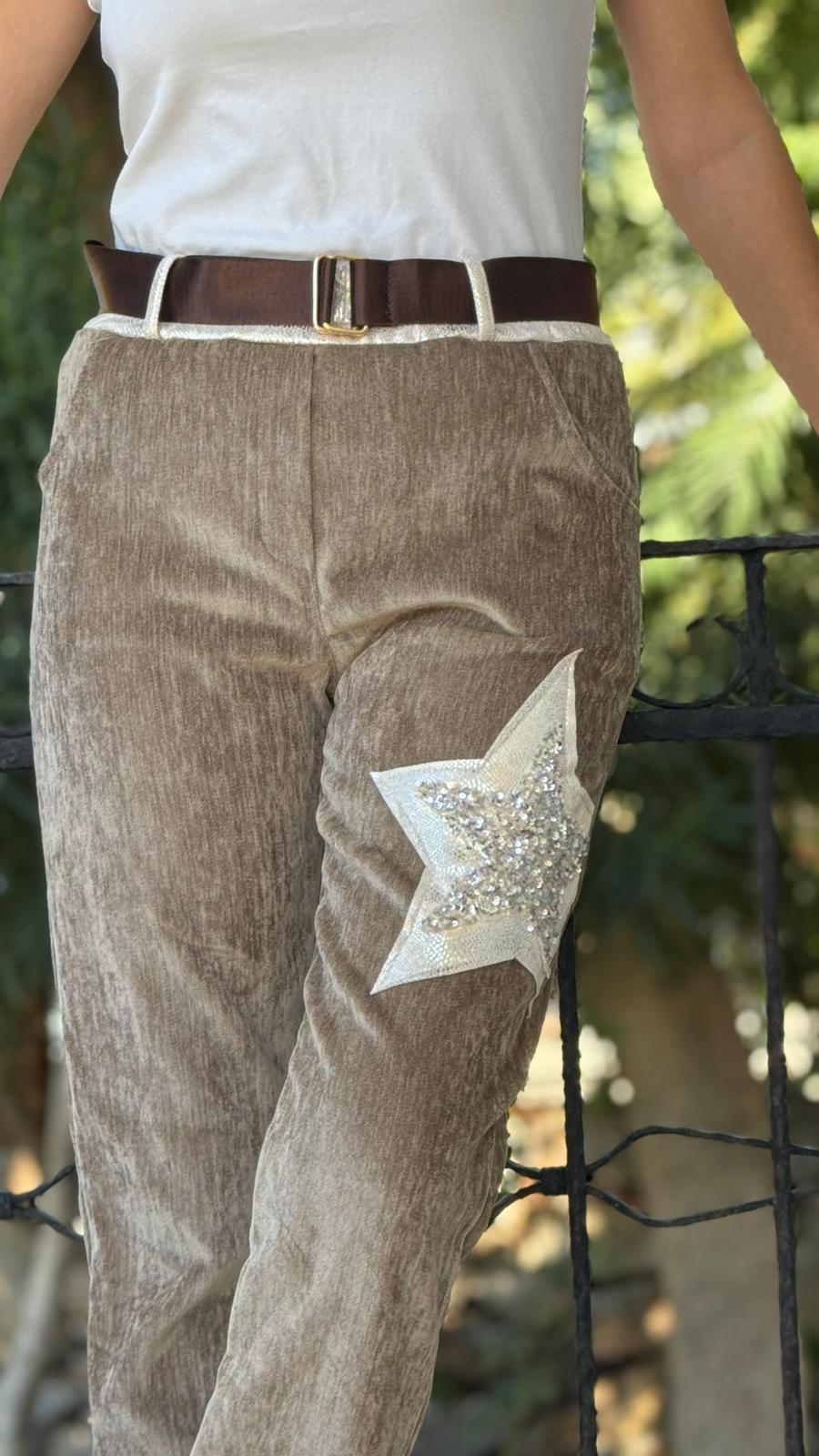 LS12520 İtalyan Yıldız Taşlı Kadife Pantolon Vizon