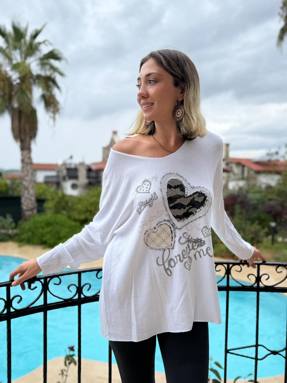 LS6211 İtalyan Kalp Desenli Triko Bluz Beyaz