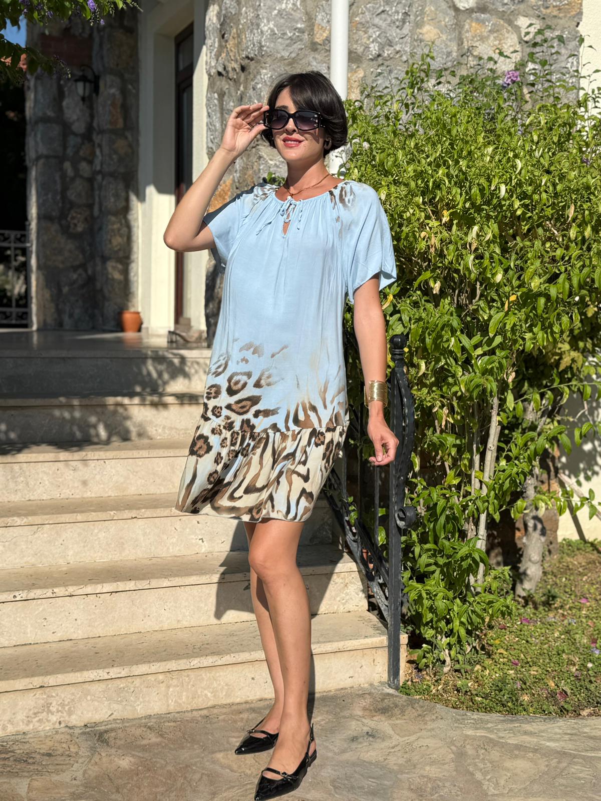 NC10526 İtalyan Yaka Lastikli Leoparlı Coton Elbise Bebe Mavi