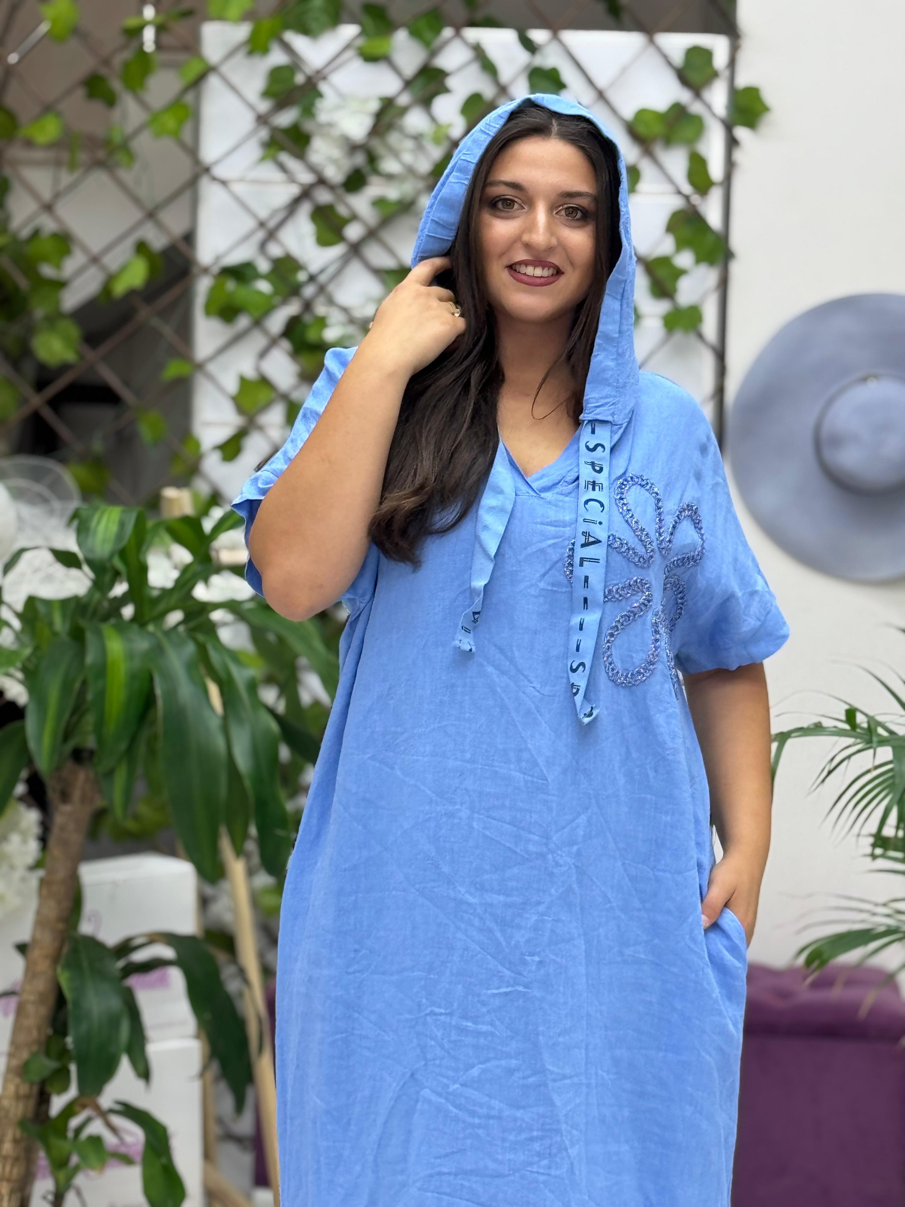N19118 Vestido Lino Italiano Azul