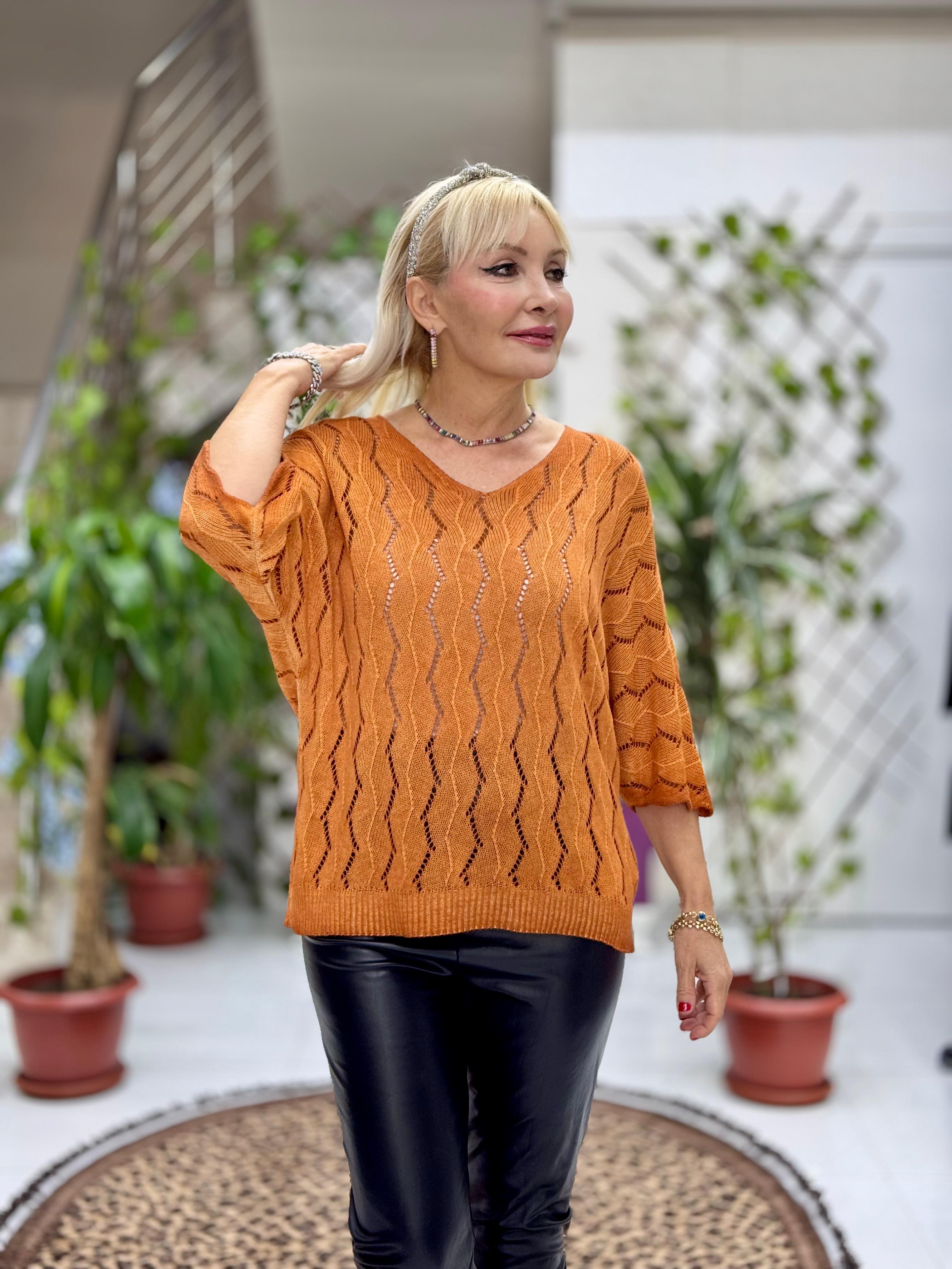 NC6071 İtalyan Fakir Kol Zikzak Desenli İnce Triko Bluz Oranj