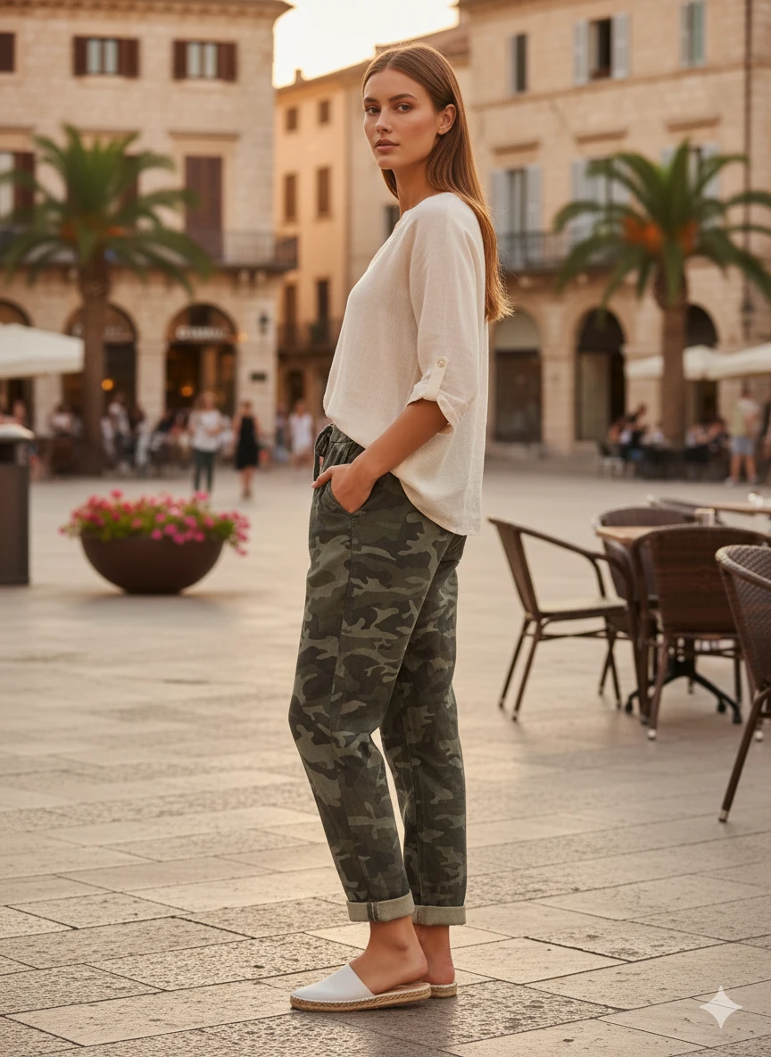 LS7312 Kamuflaj Desenli Likralı İtalyan Coton Pantolon Haki