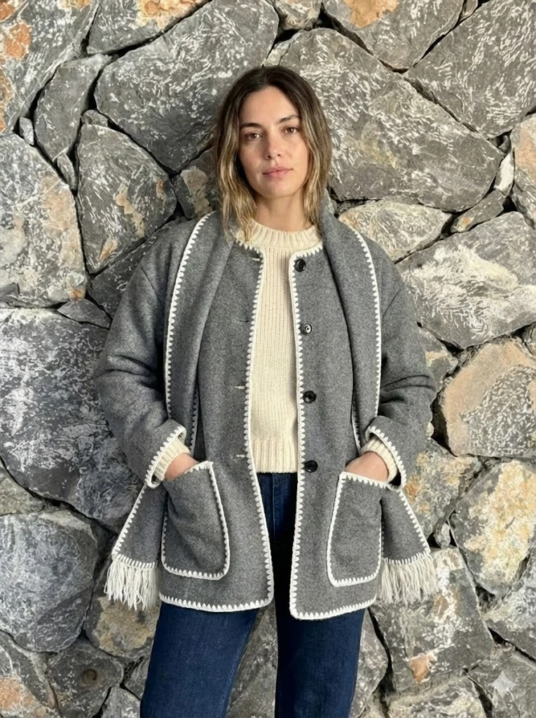 NC27786 Oya İşlemeli Atkılı İnce Kaşe Hırka Gri