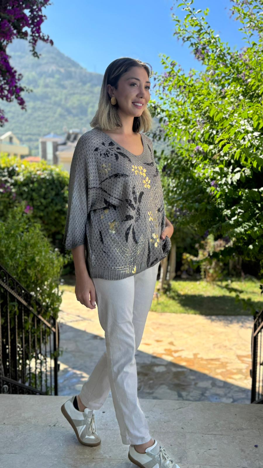 LS7514 İtalyan Yaprak Desen Triko Bluz Vizon