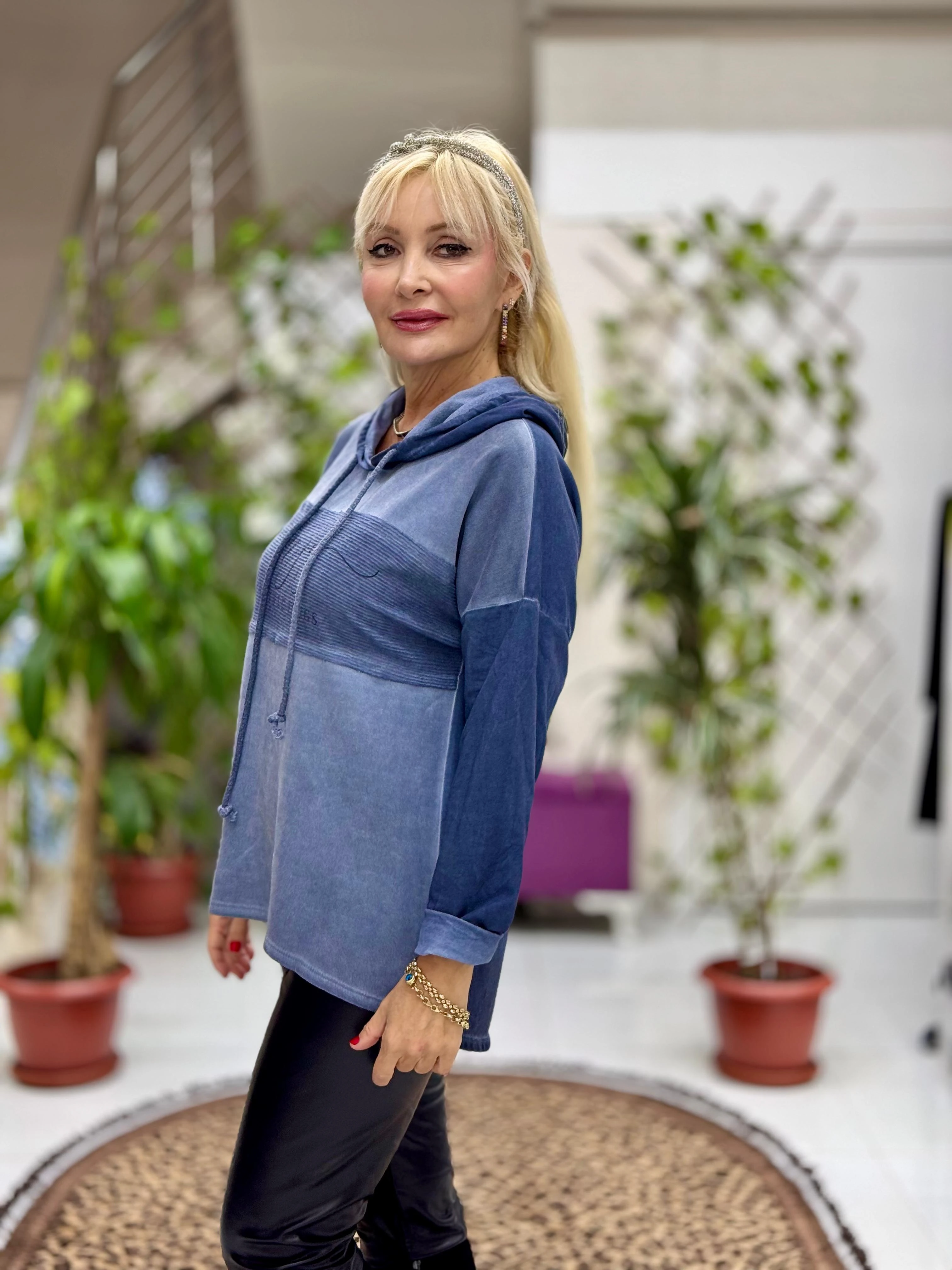 NC56868 İtalyan Enjoy Yazılı Kapüşonlu Coton Sweatshirt Mavi