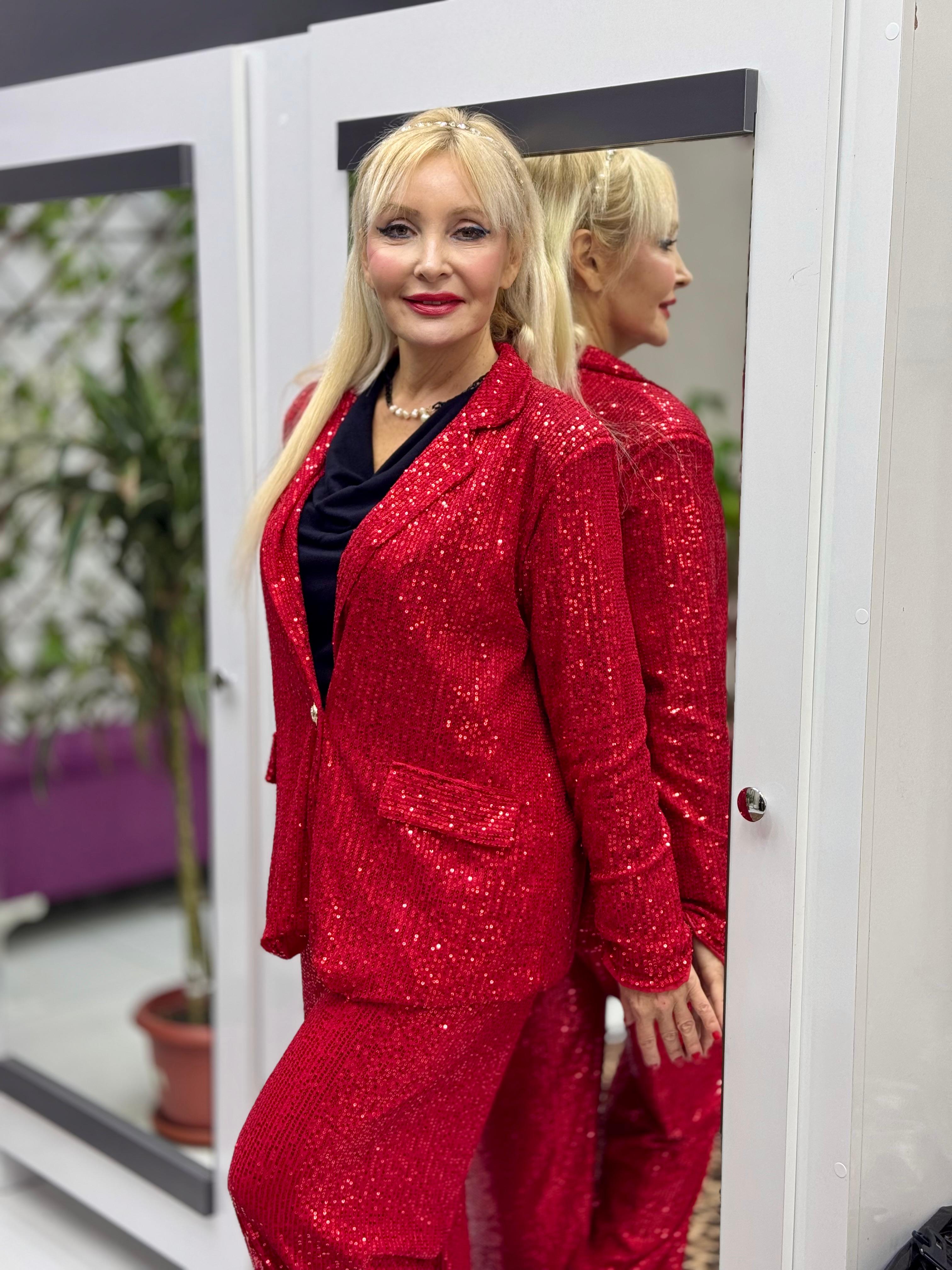 YG2013 İtalyan Pul Payetli Tek Düğme Takım Kırmızı