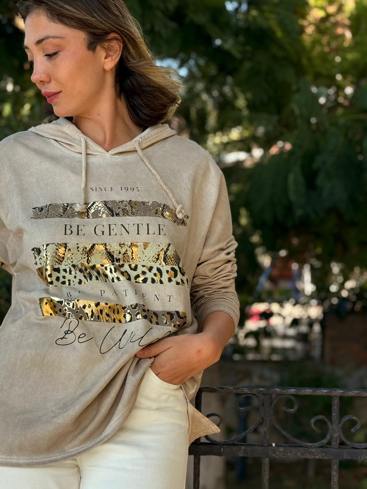 NC56152 İtalyan Leopar Baskılı Kapüşonlu Sweatshirt Krem