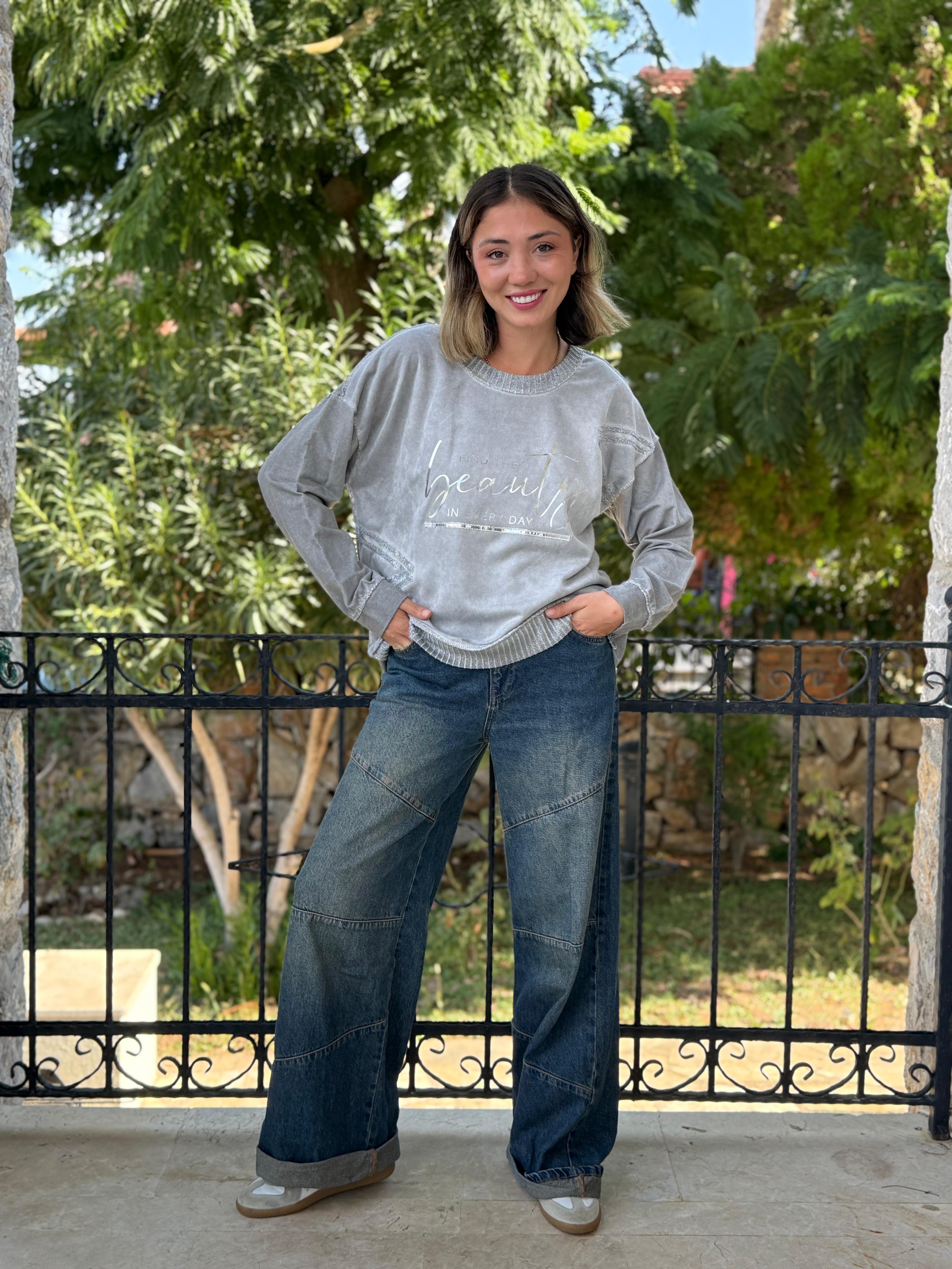 NC50793 İtalyan Beauty Yazılı Coton Sweatshirt Gri