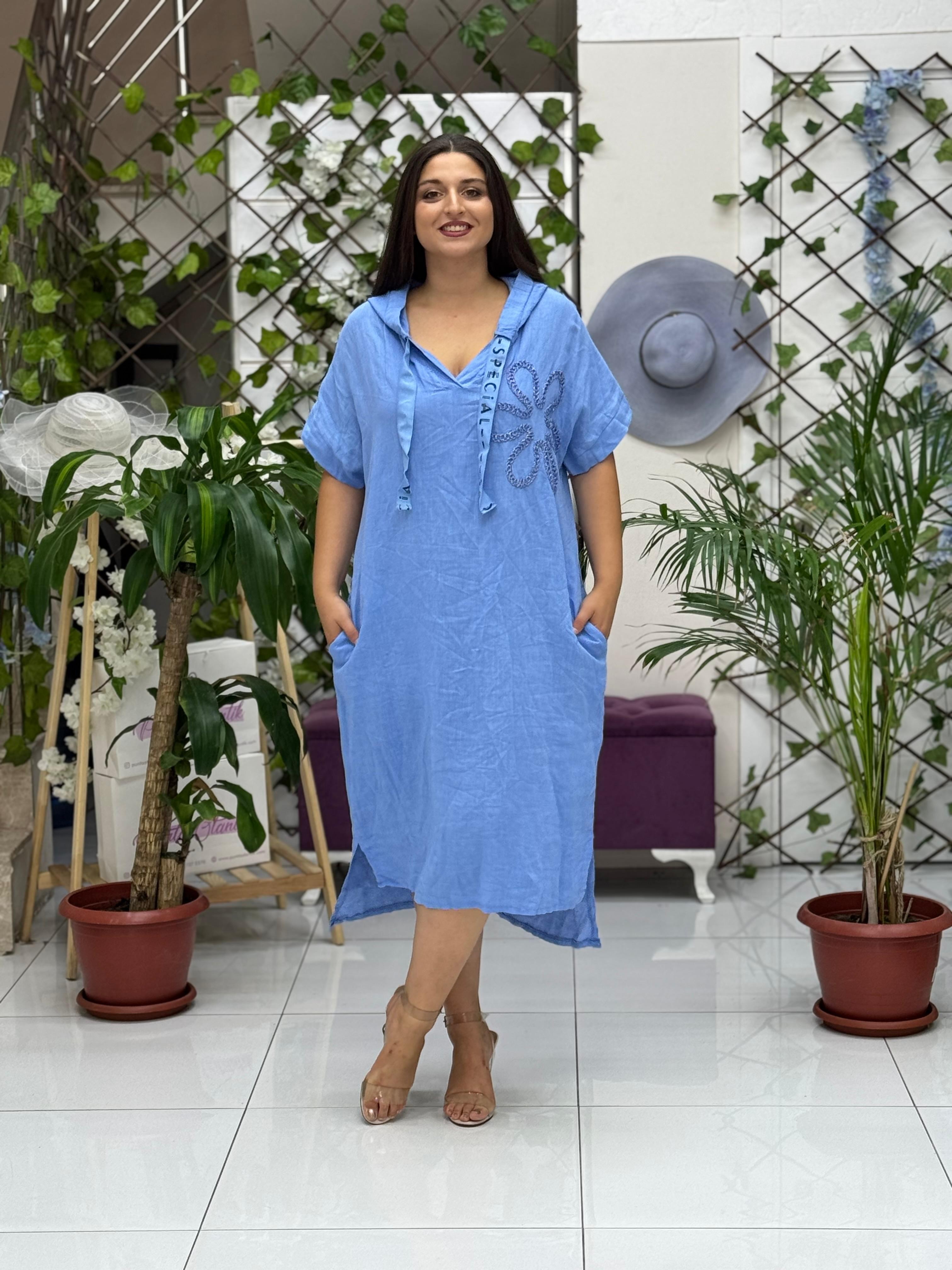 N19118 Vestido Lino Italiano Azul