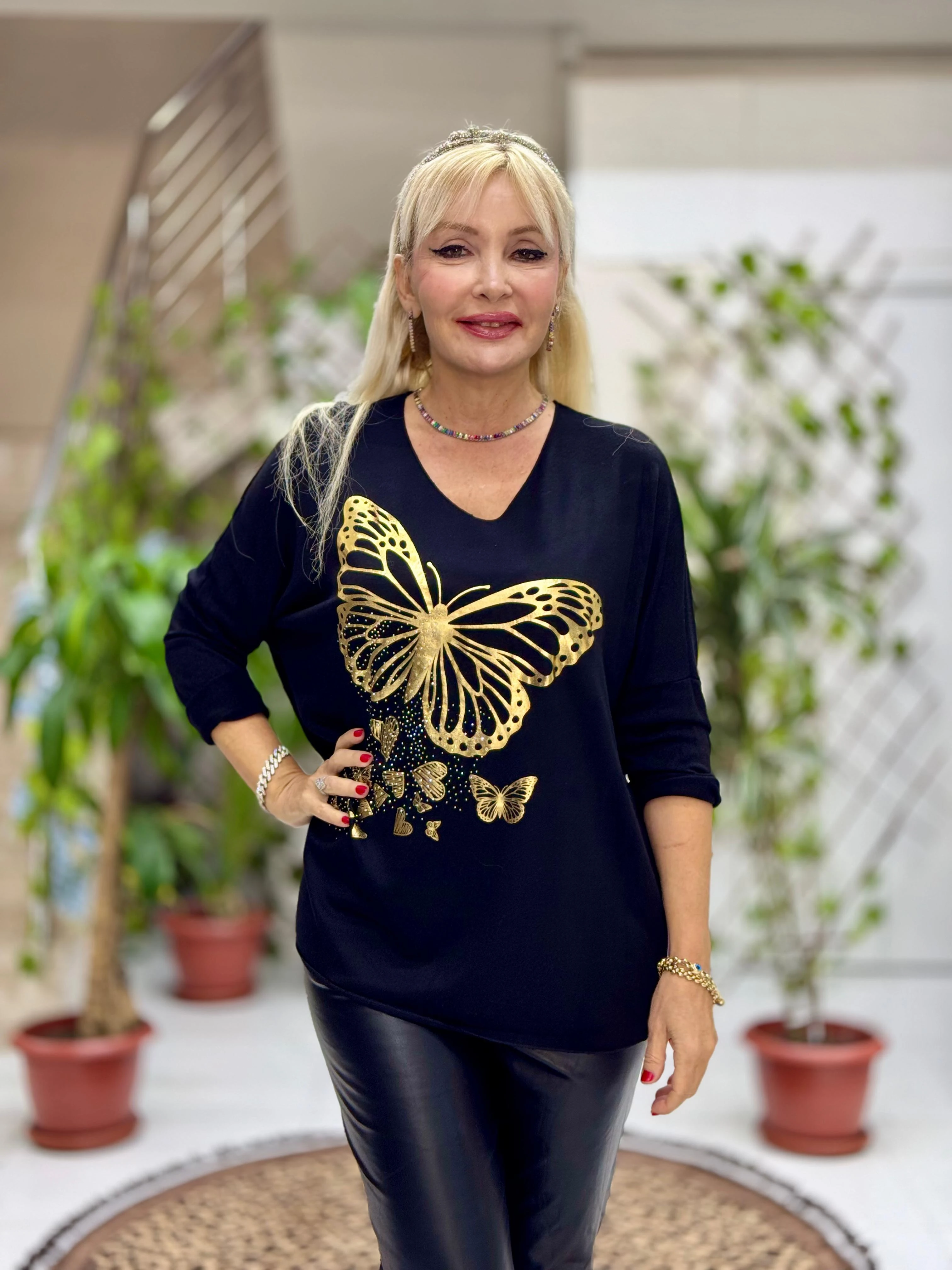 YG59100 İtalyan Taşlı ve Kelebek Baskılı Triko Bluz Siyah