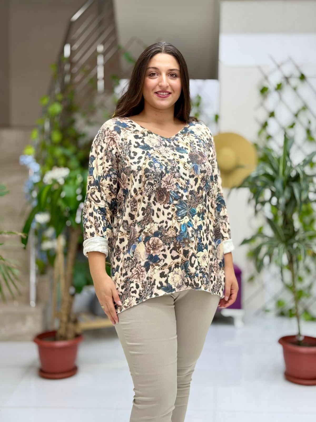 NC23721 Dijital Baskı İtalyan Triko Bluz
