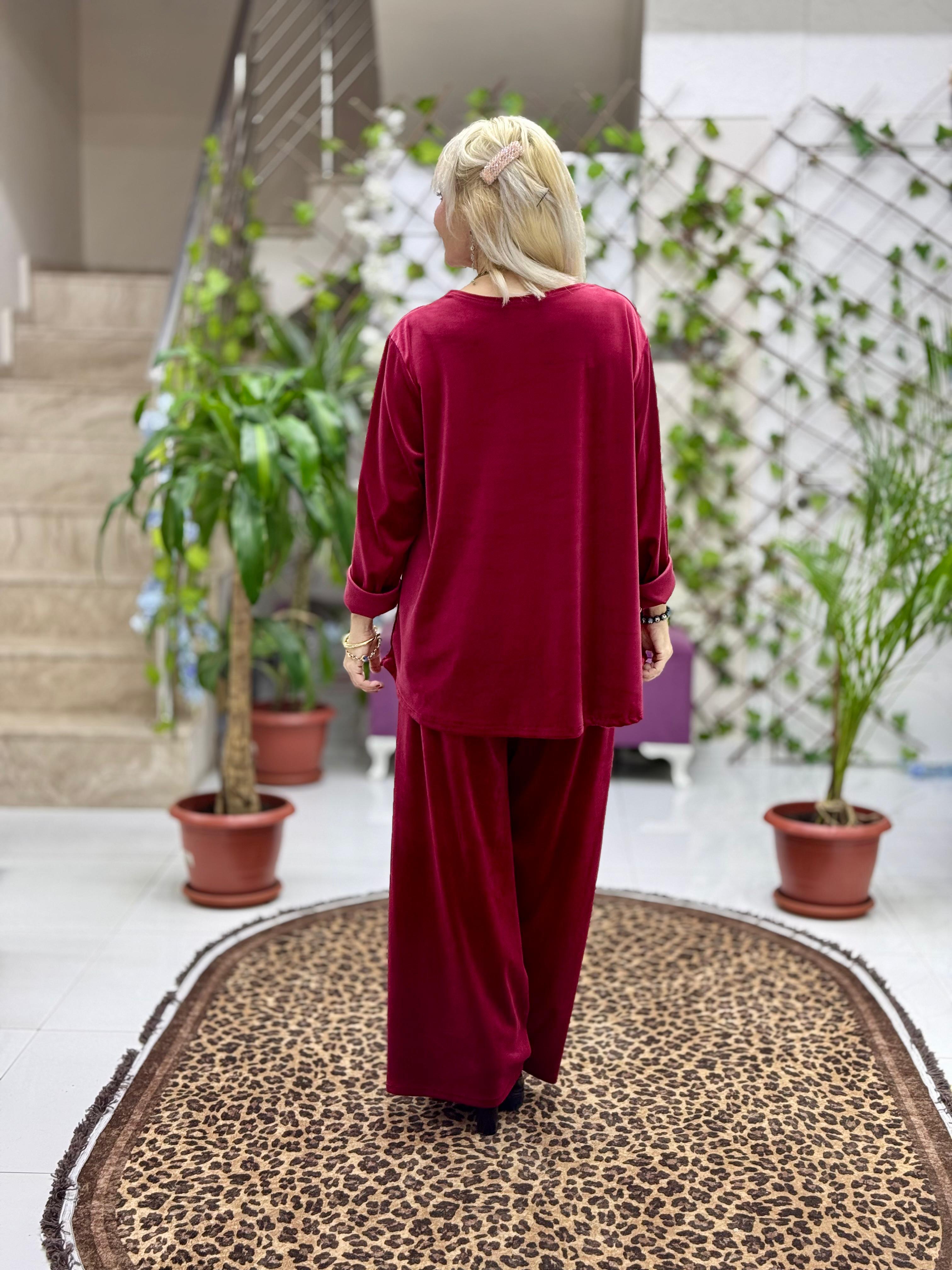 YG2404 Kolyeli Basic Fitilsiz İtalyan Kadife Takım Bordo