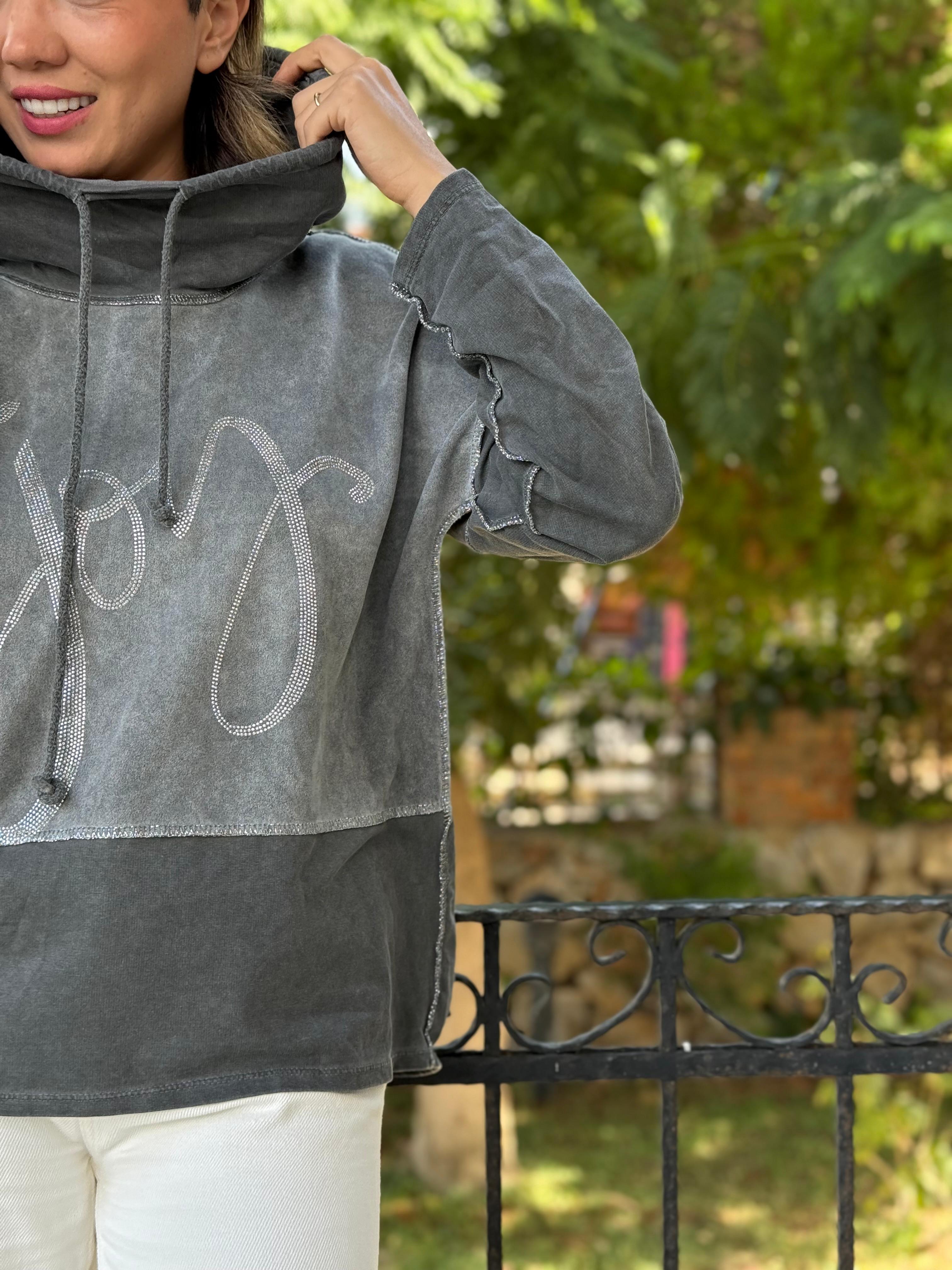 NC18533 İtalyan Joy Taşlı Kapüşonlu Coton Sweatshirt Gri
