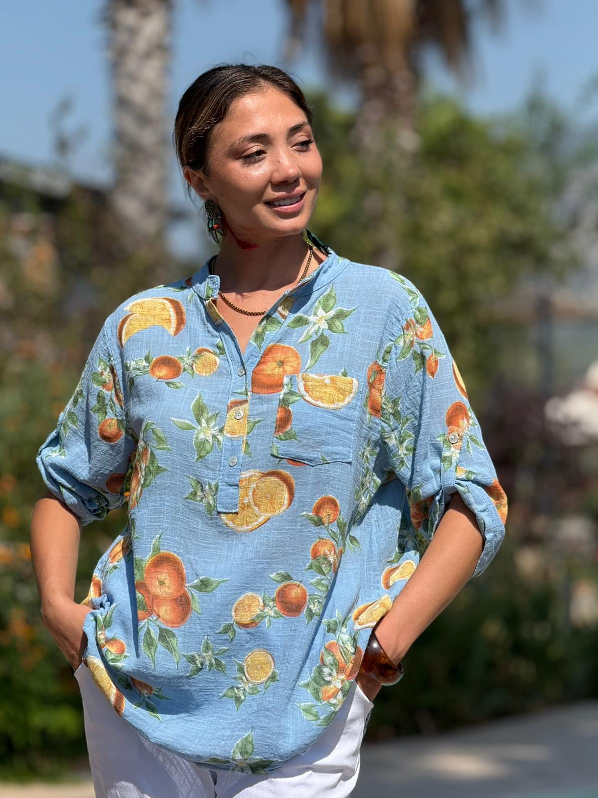 NC154553 İtalyan Pamuk Keten Bluz Mavi