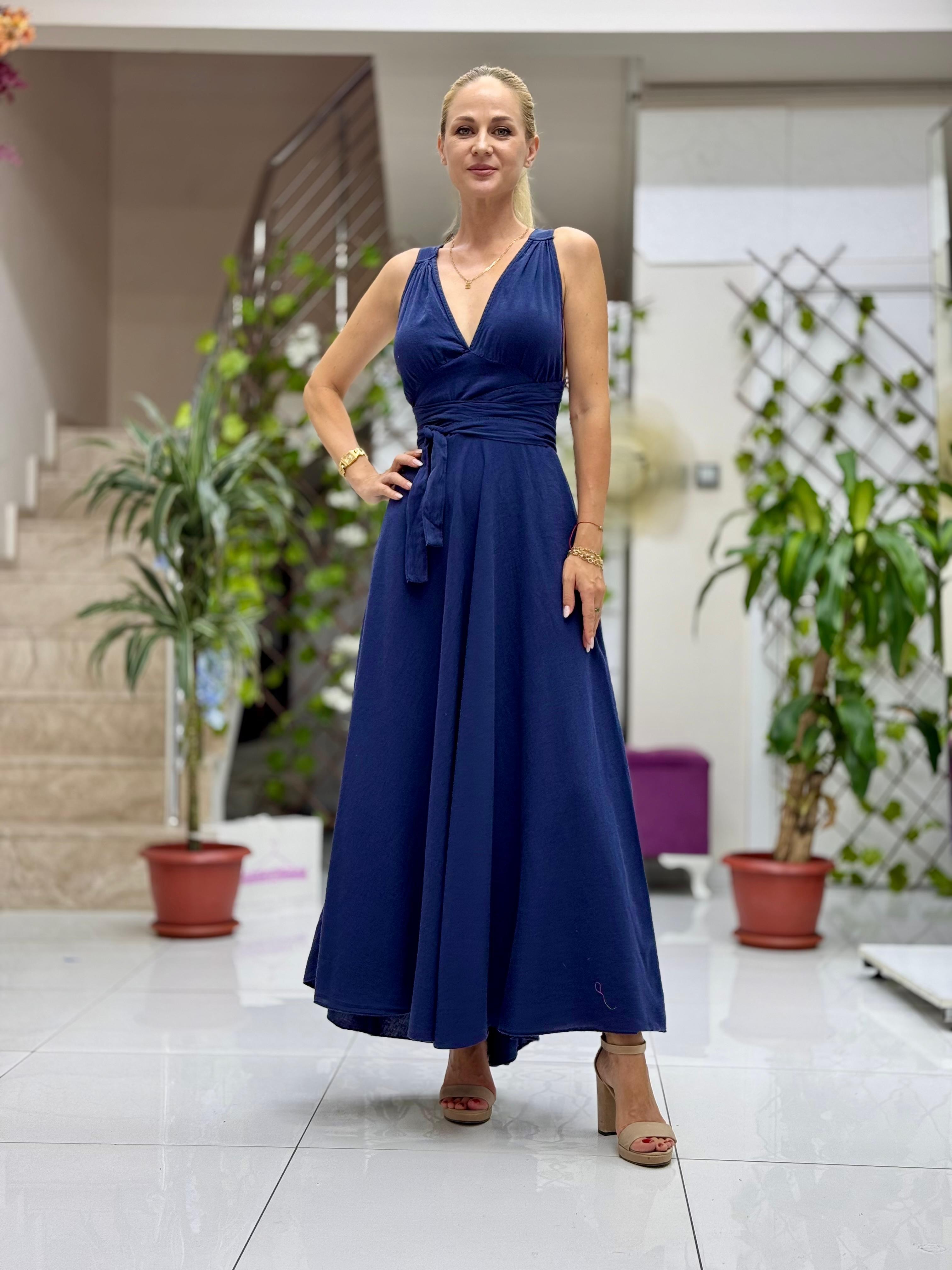 PT25071 Omuz Bağlamalı Belden Kuşaklı Sırtı Açık Coton Elbise Lacivert